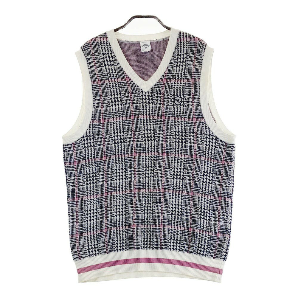 CALLAWAY キャロウェイ ニットベスト 千鳥 チェック柄 ネイビー系 LL 【中古】ゴルフウェア メンズ