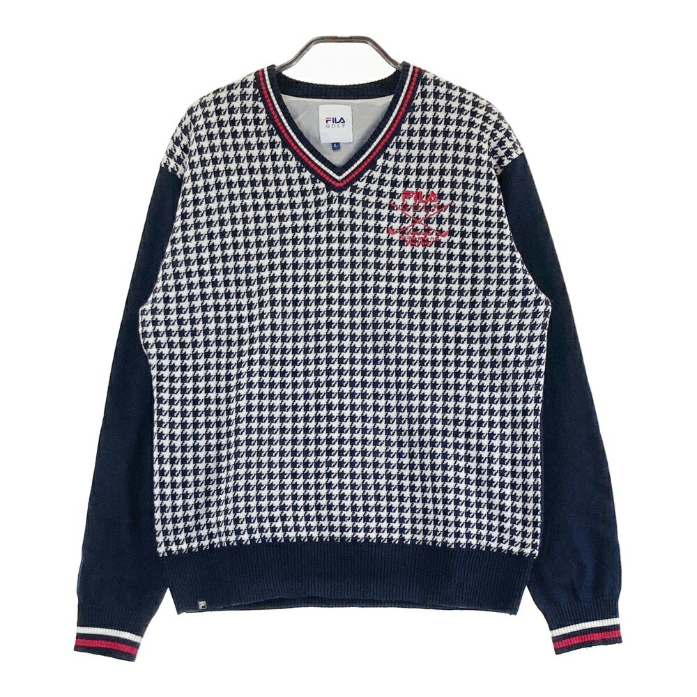 FILA GOLF フィラゴルフ ST4HM721 ウール混 裏地付 ニットセーター 千鳥柄 ネイビー系 L 【中古】ゴルフウェア メンズ