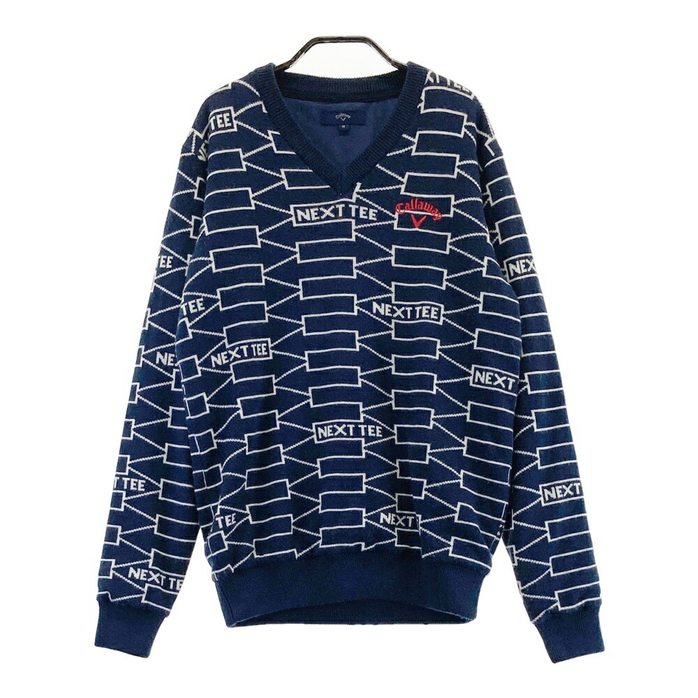 CALLAWAY キャロウェイ 裏地付 ウール混 Vネックニットセーター 総柄 ネイビー系 M 【中古】ゴルフウェア メンズ
