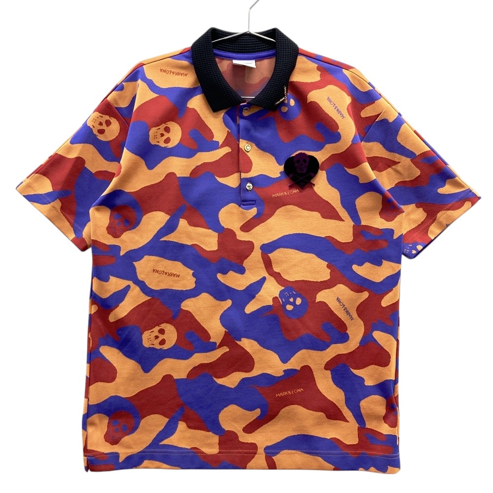 MARK&LONA マークアンドロナ 半袖ポロシャツ ワッペン スカル カモフラ柄 オレンジ系 48 【中古】ゴルフウェア メンズ