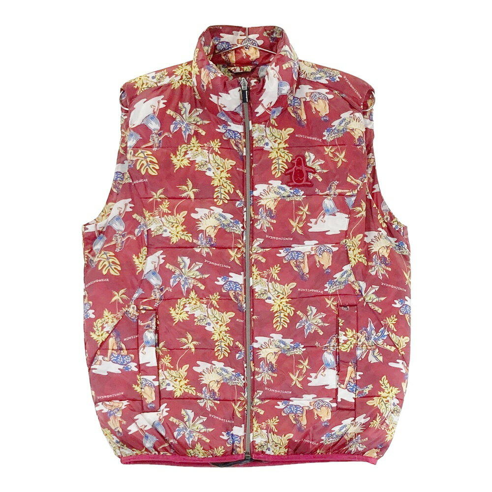 MUNSING WEAR マンシングウェア XSG6508 中綿ベスト ワッペン 総柄 レッド系 M 【中古】ゴルフウェア メンズ