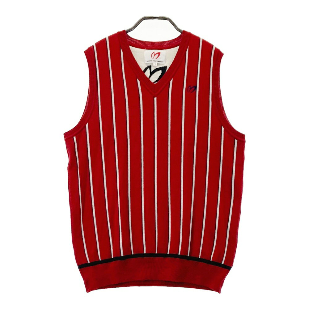 MASTER BUNNY EDITION マスターバニーエディション Vネック ニットベスト ロゴ刺繍 ストライプ柄 レッド系 5 【中古】ゴルフウェア メンズ