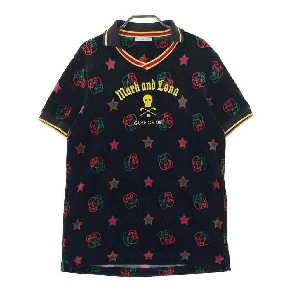 MARK&LONA マークアンドロナ 襟付 パイル 半袖Tシャツ 総柄 ブラック系 46 【中古】ゴルフウェア メンズ