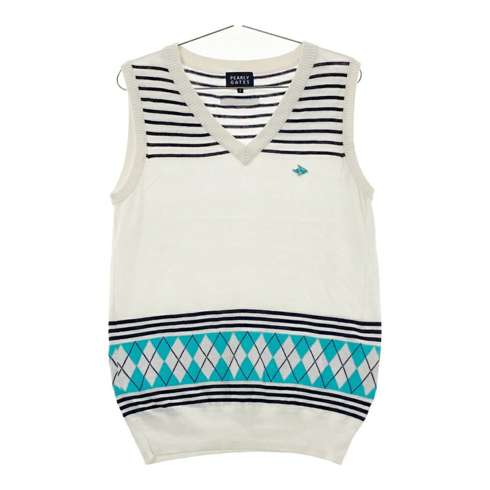 PEARLY GATES パーリーゲイツ Vネック ニットベスト ボーダー アーガイル柄 ホワイト系 4 【中古】ゴル..
