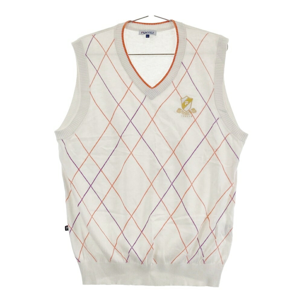 FILA GOLF フィラゴルフ Vネックニットベスト ダイヤ柄 ホワイト系 LL 【中古】ゴルフウェア メンズ