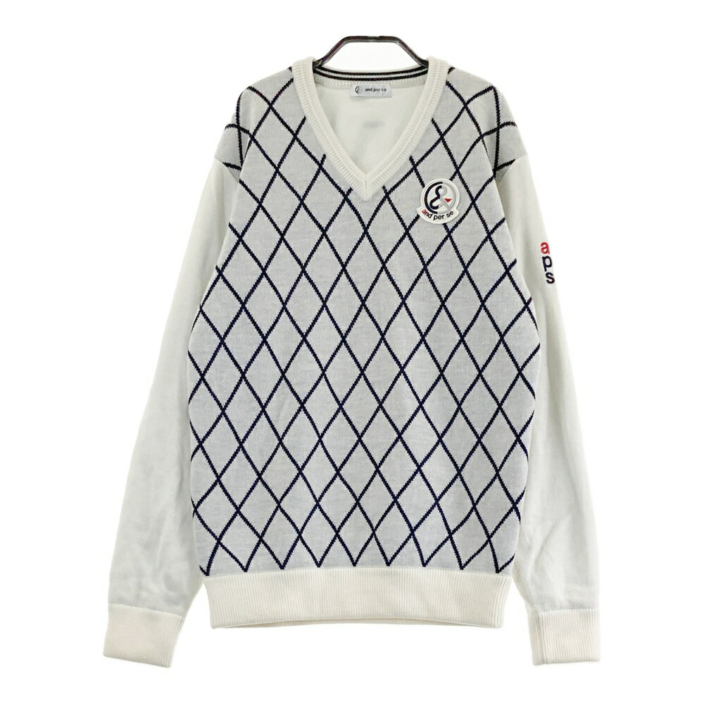 AND PER SE アンパスィ ウール混 裏地付 ニットセーター 総柄 ホワイト系 L 【中古】ゴルフウェア メンズ