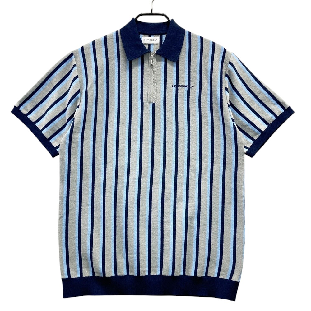 HYPEGOLF ハイプゴルフ ハーフジップ 半袖ポロシャツ ニット ストライプ柄 グレー系 L 【中古】ゴルフウェア メンズ
