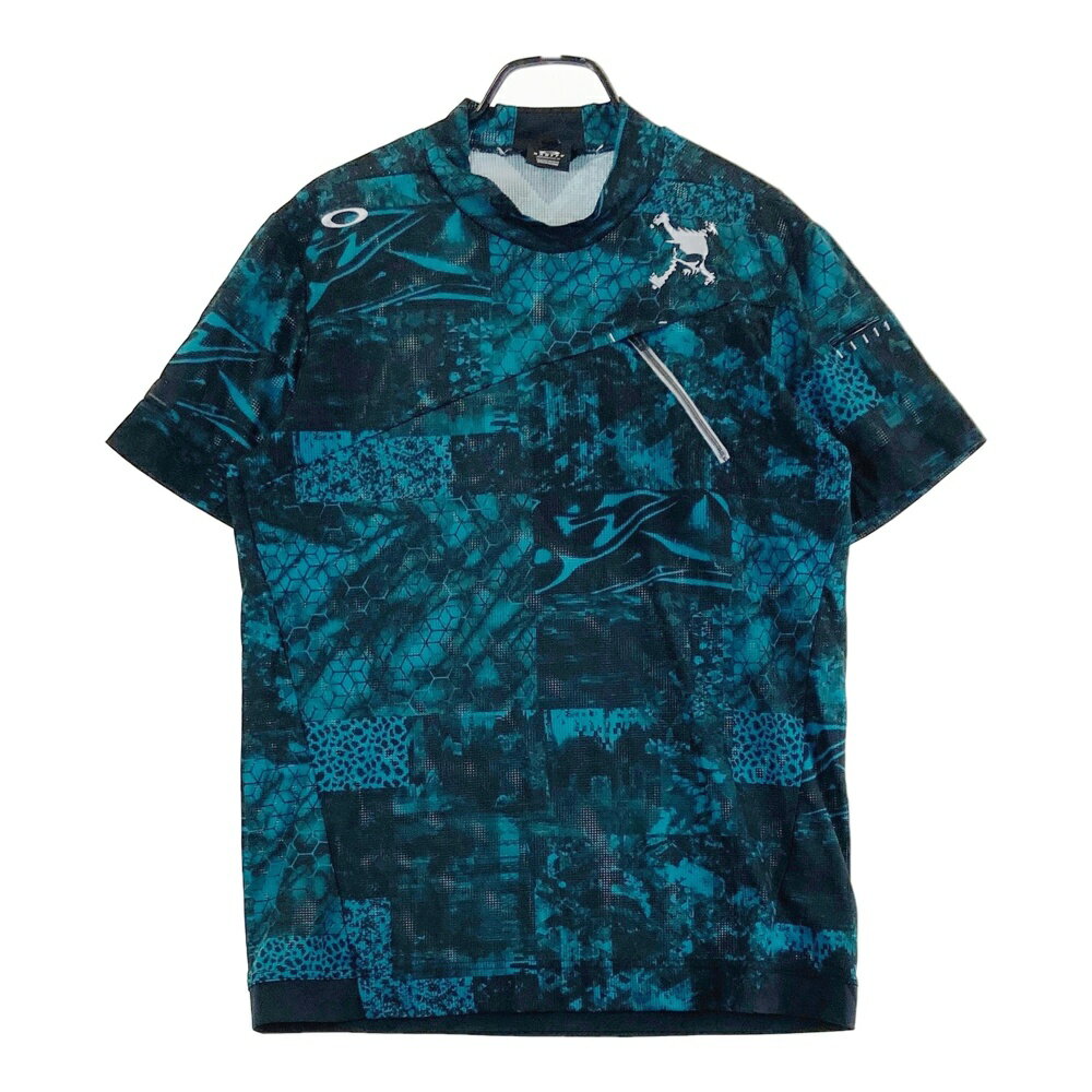 OAKLEY オークリー モックネック半袖Tシャツ スカル刺繍 総柄 ブルー系 XL 【中古】ゴルフウェア メンズ