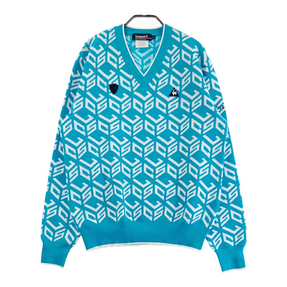 LE COQ GOLF ルコックゴルフ Vネック ニットセーター 総柄 ブルー系 L 【中古】ゴルフウェア メンズ