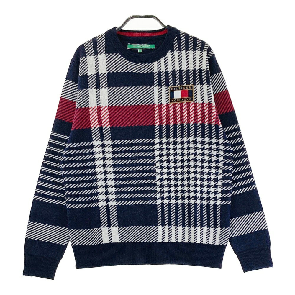 TOMMY HILFIGER GOLF トミー ヒルフィガーゴルフ ウール混 ニットセーター チェック柄 ネイビー系 L 【..