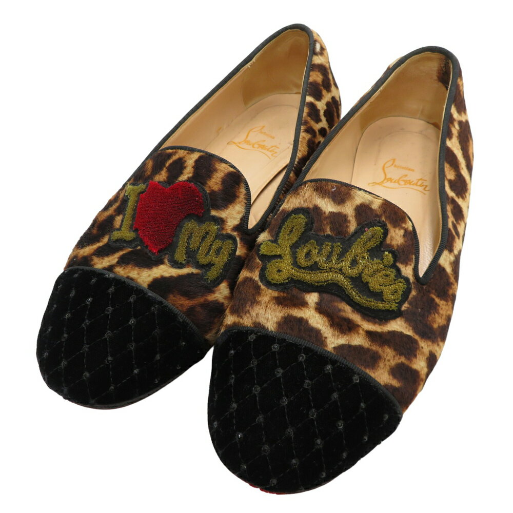 CHRISTIAN LOUBOUTIN クリスチャン ルブタン MY LOVE FLAT VELVET オペラシューズ ハラコ Drawer別注 レオパード柄 ブラウン系 36 1/2 【中古】レディース