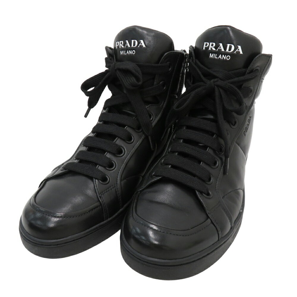 PRADA プラダ 2TG184 レザー ハイカットスニーカー ブラック系 7 【中古】メンズ