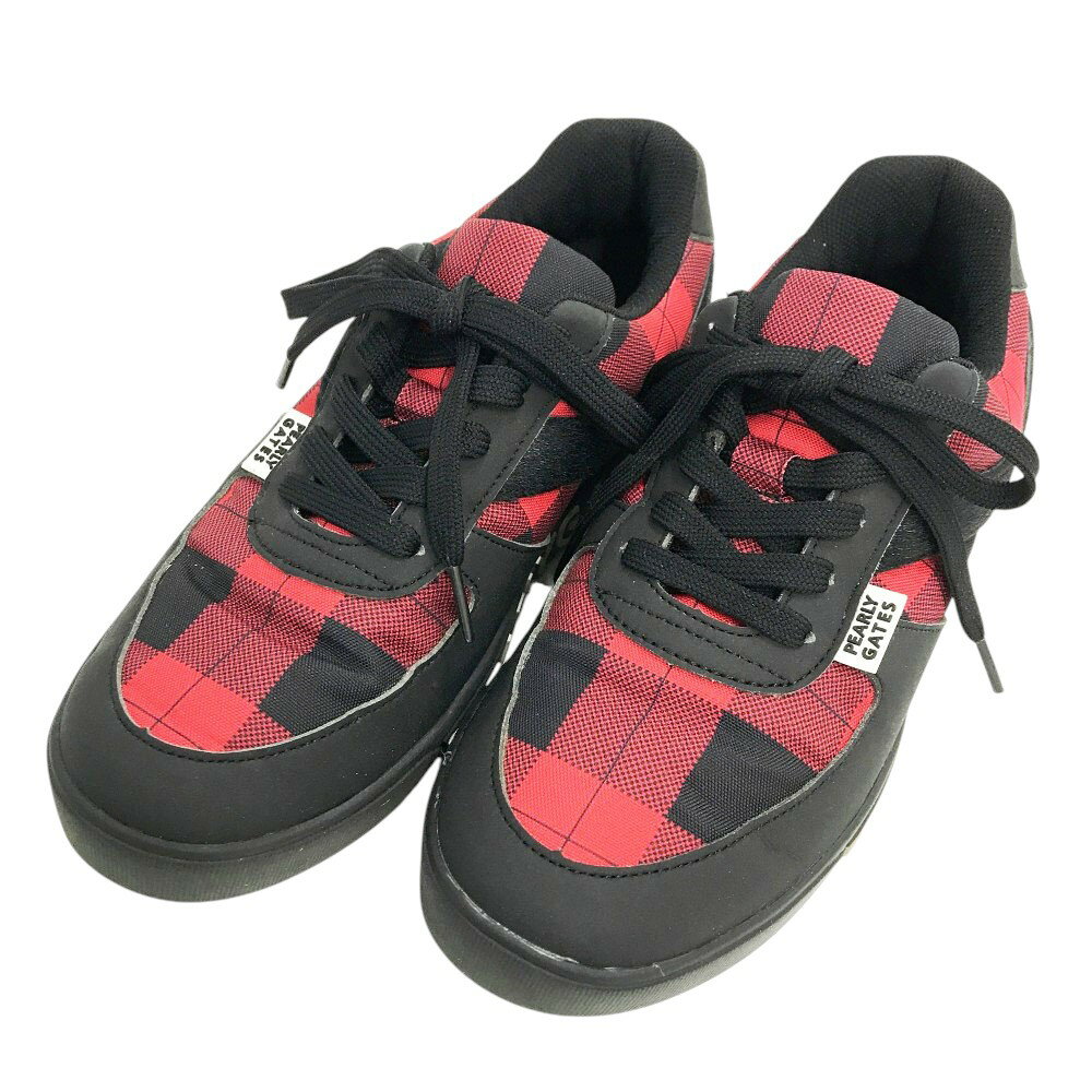 PEARLY GATES パーリーゲイツ 053-1292002 ローカットゴルフシューズ チェック柄 レッド系 25cm 【中古】ゴルフウェア メンズ