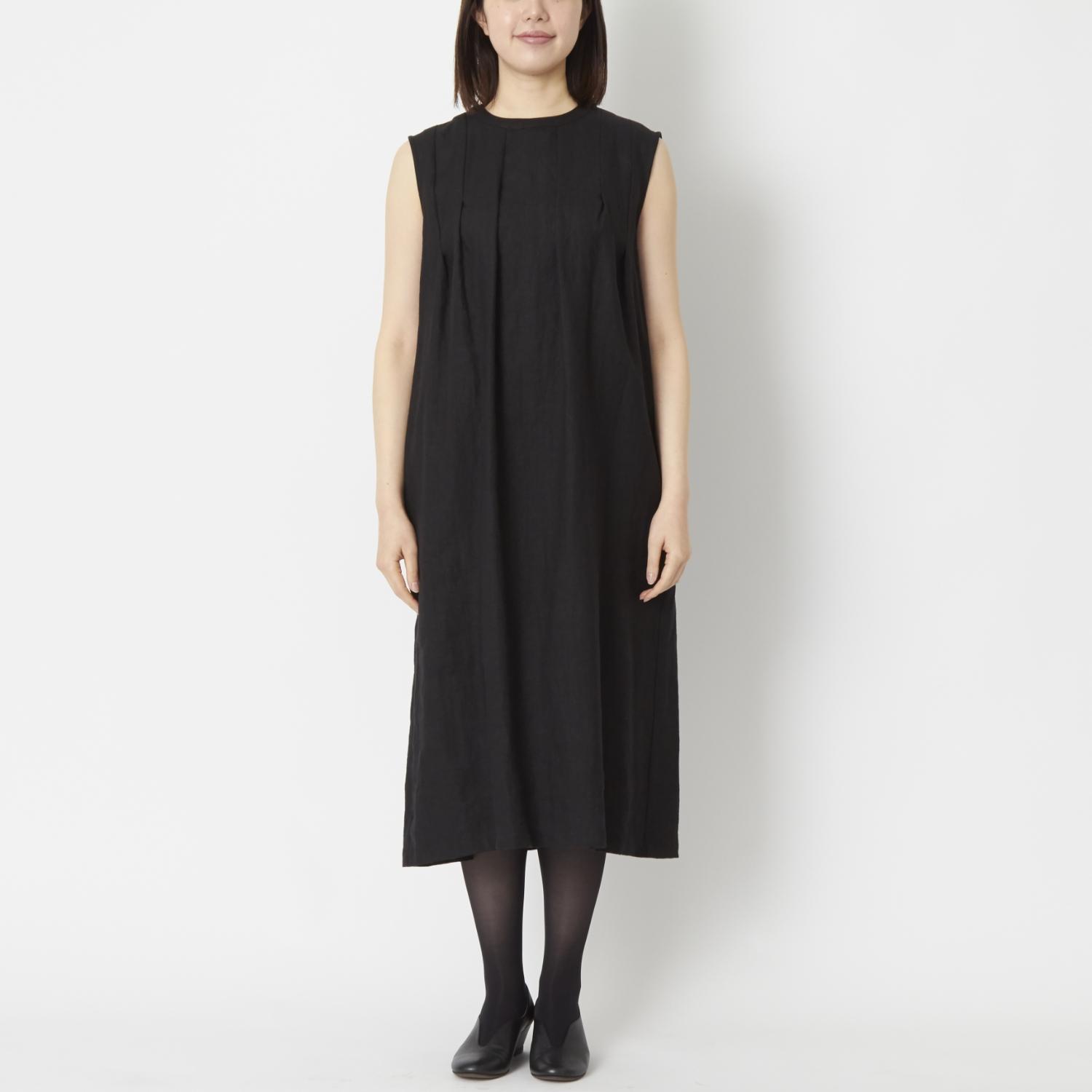n.o.f.l/リトアニアリネン タックノースリーブワンピース ブラック