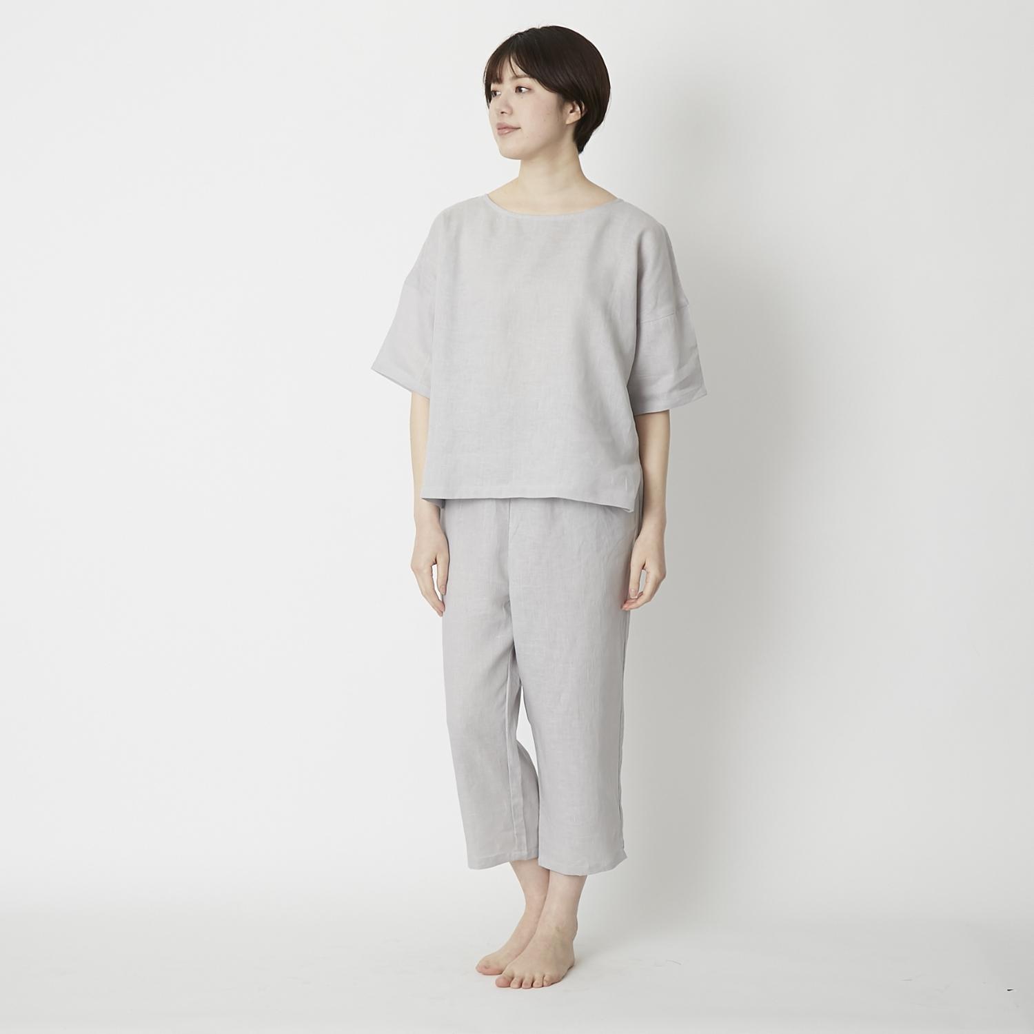 楽天STYLE STORE　version.Rパジャマ レディース 半袖 可愛い 長ズボン 夏用 リネン100％ 麻100％ ルームウェア 夏 おしゃれ かわいい 肌触り の いい 部屋 着 股上深め／ LINEN & BASIC/リネンのパジャマ兼ルームウェア スモークグレー / L