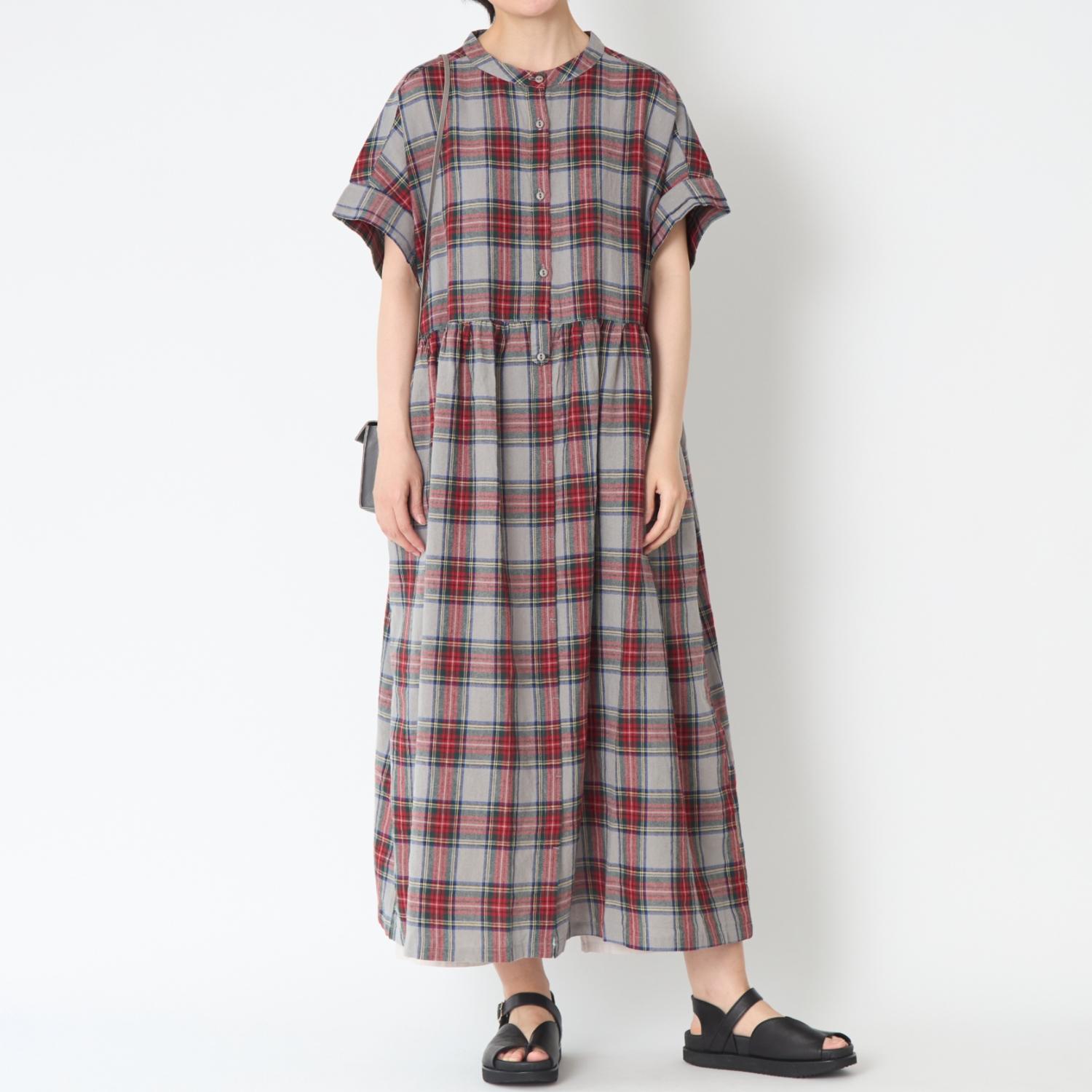 ubasoku/オリジナルタータンチェックリネンバンドカラー半袖ワンピース