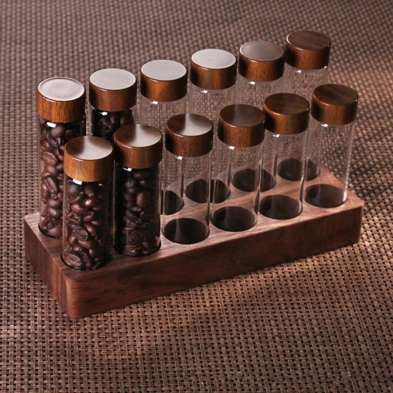 Rakuten - コーヒー豆保存容器 コーヒーキャニスター 透明シールガラス試験管型 6穴 12穴 10ml 12ml コルク栓付き 一方通行エキゾーストベース付き