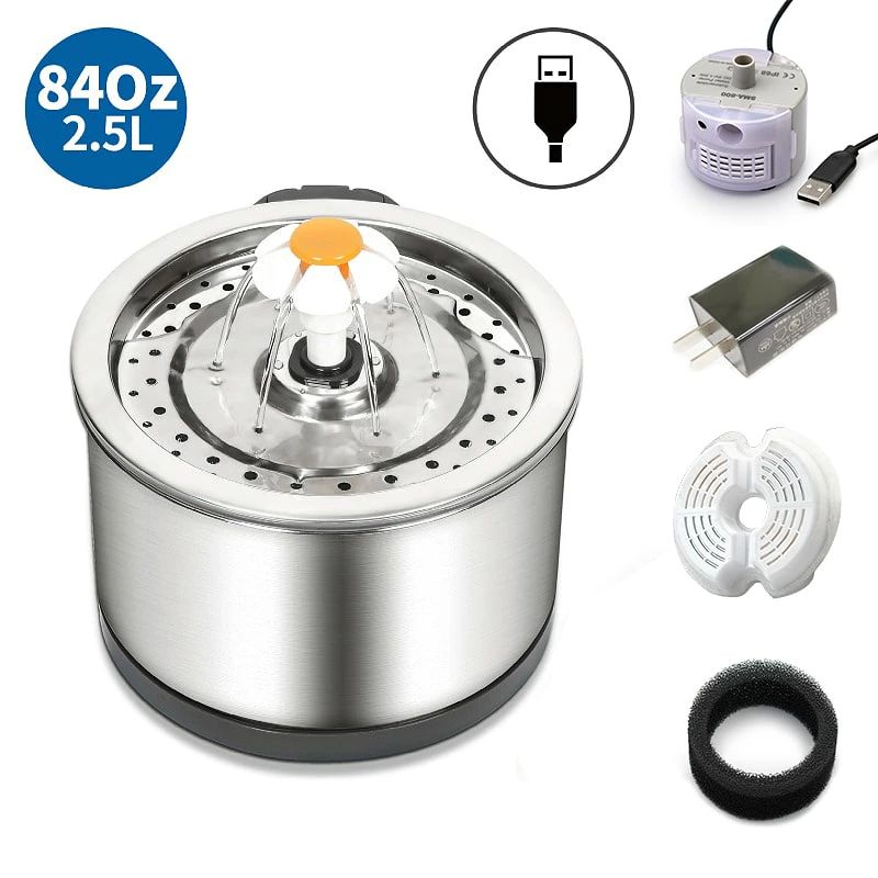 ■商品説明■ ●Power Supply：5V1A ●Power：1.5W ●Length of Cable：1.8M ●容量(L)：2.5 ●Capacity(Oz)：84.55 ●素材：SUS304 ●内容：給水器本体*1、フィルタースポンジ*1、フィルターヤシ殻活性炭*1、モーター*1、USプラグ*1 ■フィルタースポンジの追加はストアでjscy-yf-374を検索してください。 ■フィルターヤシ殻活性炭の追加はストアでjscy-yf-375を検索してください。 【高品質】：食品級ステンレスが使われています。安全健康で、さらに長持ちで使えます。使用寿命はプラスチック製給水器の3倍です。 【お手入れ簡単】：人間化のデザインで、全ての部品は簡単に分解洗浄できます。組み立てもとても簡単！ 【超静音と省エネルギー】超静音5Vアップグレードのポンプは、緩衝水流設計を備えており、動作デシベルは25dB未満であり、快適な睡眠環境を実現できます。 【3つの噴水モード】：水を飲むことが楽しくなります。スムーズな花滝、泡立つ噴水、または穏やかな噴水、この三つのモードで、普段は普通の水飲みでも楽しくなります。噴水モードを常に変えてあげて、ペットが給水器に興味を掻き立てることができます。360°ラウンドボウルでどこからでも飲めます。 【4層フィルターでろ過 】：フィルターは高密度のマイクロ綿とヤシ殻活性炭 、イオン交換樹脂を使用し、 毛や埃、水道水の残留塩素やカルキ臭などを除去します。 ※フィルタースポンジは月に1回交換し、フィルターヤシ殻活性炭は2週間ごとに交換することをお勧めします。 ◇ ご注意 ※日本語説明書は付属致しません。 ※仕様は予告なく変更する場合がございます。 ※全商品、「離島.一部地域」は別途 送料が掛かります。 ※検品を行っておりますが輸入品のため、多少の傷や汚れ等はご了承下さい。