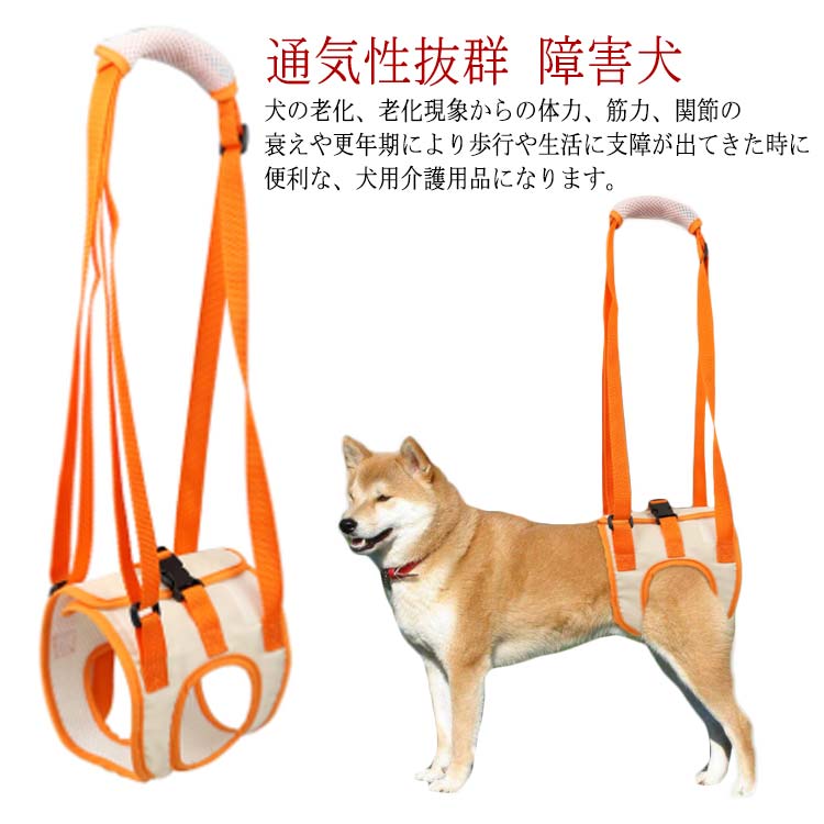 犬の老化、老化現象からの体力、筋力、関節の衰えや更年期により歩行や生活に支障が出てきた時に便利な、犬用介護用品になります。 犬の体力が衰えることで、看護や介抱、犬の看病が必要になる、お出かけの時に歩行補助が必要になった時に便利です。 【使用方法】 ・雄(オス)雌(メス)両方で使用出来る後脚を支えるお出掛けに使用出来る、介添えに便利な後ろ脚を支える老犬介護用品 ・ワンタッチのバックルで着脱簡単 ・腰回りはマジックテープで調節可能 【特徴】 ・抗菌消臭 素材(抗菌・アンモニア 消臭 通気性メッシュ素材を使用) ・洗濯可能(手洗い可)(自宅で洗濯が出来ます。速乾性のある素材なので、手洗いをして干せます ・付けたまま、おしっこ・排便・排泄・排泄可能ですが、抗菌素材なので安心 サイズ S M L XL サイズについての説明 S:胴回り28-36/後ろ足周り17/持ち手28-54(CM)　 M:胴回り35-45/後ろ足周り24/持ち手30-57(CM)　 L:胴回り42-54/後ろ足周り27/持ち手19-35(CM)　 XL:胴回り48-60/後ろ足周り31/持ち手16-32(CM) 素材 オックスフォード素材、メッシュ 色 オレンジ 備考 ●サイズ詳細等の測り方はスタッフ間で統一、徹底はしておりますが、実寸は商品によって若干の誤差(1cm～3cm )がある場合がございますので、予めご了承ください。 ●製造ロットにより、細部形状の違いや、同色でも色味に多少の誤差が生じます。 ●パッケージは改良のため予告なく仕様を変更する場合があります。 ▼商品の色は、撮影時の光や、お客様のモニターの色具合などにより、実際の商品と異なる場合がございます。あらかじめ、ご了承ください。 ▼生地の特性上、やや匂いが強く感じられるものもございます。数日のご使用や陰干しなどで気になる匂いはほとんど感じられなくなります。 ▼同じ商品でも生産時期により形やサイズ、カラーに多少の誤差が生じる場合もございます。 ▼