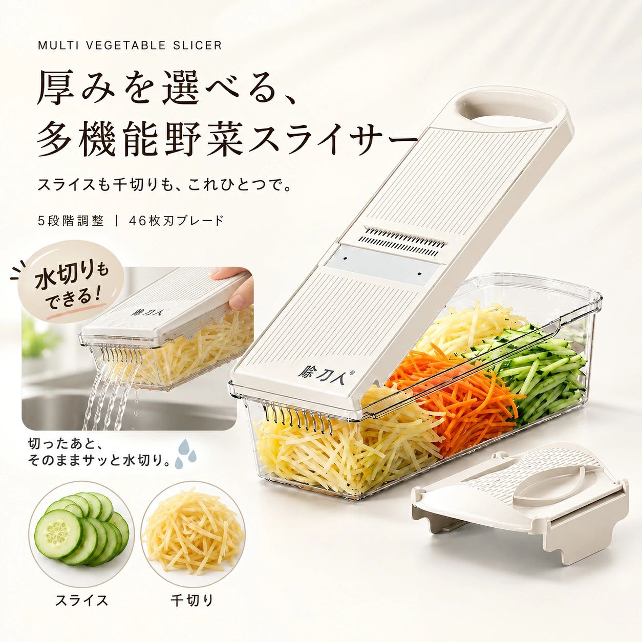 多機能野菜スライサー 製品仕様 商品名 多機能野菜スライサー・千切りスライサー 切り方 5種類切替 細切り：約2.5mm 太切り：約3.5mm 薄切り：約2mm 中厚切り：約3mm 厚切り：約4mm ※仕上がりは食材や使用方法によって多少異なります。 主な機能 厚さ調整・厚み調節 替刃不要・スライド切替 薄切り・細切り・千切り対応 安全ホルダー・指ガード付き タイプ TYPE-A：受けケース付き・水切り対応 TYPE-B：本体のみ・受けケースなし ※ご注文前に選択したタイプをご確認ください。 サイズ（約） 35×9×7.5～8cm ※測定位置や選択したタイプによって多少異なります。 重量（約） 約900g ※受けケースの有無によって重量が異なります。 カラー アイボリー（ベージュ系） 素材 本体・安全ホルダー・受けケース：プラスチック 刃部：マルテンサイト系ステンレス鋼 対応食材 キャベツ、人参、大根、きゅうり、じゃがいも、玉ねぎ、トマト、れんこん、ごぼうなど ※大きな食材は本体と安全ホルダーに収まる大きさに切ってからご使用ください。 おすすめ料理 キャベツの千切り、人参の千切り、大根サラダ、きゅうりの薄切り、じゃがいものスライス、きんぴら、キャロットラペ、にんじんしりしりなど 製造国 中国 注意点 ※刃部は非常に鋭利です。使用中や洗浄中は刃に直接触れないでください。 ※食材が小さくなった場合は、必ず安全ホルダー・指ガードをご使用ください。 ※安全ホルダーはケガを完全に防止するものではありません。 ※硬すぎる食材、冷凍した食材、骨のある食材には使用しないでください。 ※食器洗い乾燥機、食器乾燥機、電子レンジでは使用しないでください。 ※ロットによって色合いやサイズ、細部の仕様が若干異なる場合があります。 ※モニター環境によって、画像と実物の色味が多少異なって見える場合があります。 ※手作業による計測のため、サイズや重量に多少の誤差が生じる場合があります。 スライサー・千切りに便利な多機能野菜スライサー スライス、薄切り、細切り、千切りを1台で行える多機能野菜スライサーです。 野菜スライサー、千切りスライサー、千切り器、野菜カッターとして、毎日の料理や野菜の下ごしらえに幅広く使用できます。 キャベツ、人参、大根、きゅうり、じゃがいも、玉ねぎなどのスライスや千切りに便利なキッチンスライサーです。 サラダ、きんぴら、キャロットラペ、にんじんしりしり、鍋料理、作り置きなど、毎日の時短料理をサポートします。 薄切り・細切り・千切りができる5種類切替スライサー 3種類のスライス厚と2種類の千切り幅を切り替えて使用できます。 薄切りスライサー、細切りスライサー、千切りスライサーとして、料理に合わせた切り方を選択できます。 きゅうりや玉ねぎの薄切り、人参や大根の千切り、じゃがいものスライス、キャベツの細切りなど、さまざまな野菜に対応します。 ※仕上がりの厚さや幅は、食材の硬さ、形状、押す力によって多少異なります。 厚さ調整・厚み調節ができる野菜スライサー 食材や料理に合わせてスライスの厚さ調整ができる、厚み調節機能付きスライサーです。 薄切りから厚めのスライスまで、本体の切替部分を操作することで調節できます。 厚さ調整スライサーを使えば、包丁ではそろえにくい野菜の厚みも均一に仕上げやすくなります。 サラダ、漬物、鍋料理、炒め物、付け合わせなど、幅広い料理の下ごしらえに使用できます。 替刃不要・刃を交換せずに使える多機能スライサー 本体に複数のステンレス刃を内蔵した一体型の多機能スライサーです。 切り方を変更するたびに刃を取り外したり、替刃を付け替えたりする必要がありません。 本体のスライド操作でスライス、薄切り、細切り、千切りを切り替えられます。 替刃不要のため、交換用ブレードを保管する手間や、使用する刃を探す手間を減らせます。 安全ホルダー付き・指ガード付きスライサー 食材を上から押さえて使用できる安全ホルダーを付属しています。 安全ホルダー付きスライサーなので、人参、大根、きゅうり、じゃがいもなど、食材が小さくなった際も調理しやすくなります。 安全ホルダーは指ガードとして使用でき、食材を直接手で持つ時間を減らします。 ※安全ホルダーや指ガードは、ケガを完全に防止するものではありません。使用中は刃に手や指を近づけないでください。 約15度の傾斜設計と滑り止め付き 野菜を前後に動かしやすいよう、本体に角度を持たせた傾斜設計を採用しています。 底部には滑り止めがあり、調理台や受けケースの上で使用する際のずれを抑えます。 千切りや薄切りを繰り返す際も、安定した状態で使用しやすい野菜カッターです。 使用前に、本体が平らで安定した場所に置かれていることをご確認ください。 容器付きスライサーと本体のみタイプから選べる 使用方法や収納スペースに合わせて、容器付きスライサーと本体のみタイプから選択できます。 受けケース付きタイプは、切った野菜をケースで受けられるスライサーセットです。 TYPE-A・受けケース付き：容器付きスライサーとして、切った野菜の受け取りや水切りに使用できます。 TYPE-B・本体のみ：ご家庭のボウル、バット、保存容器と組み合わせて使用できます。 ※受けケースおよび水切り機能はTYPE-Aのみ対応しています。 ※ご注文前に、選択したタイプと付属品の内容を必ずご確認ください。 水切り対応・切った野菜をそのまま容器へ 受けケース付きタイプは、スライスした野菜が周囲に散らばりにくく、切った食材をまとめて受けられます。 ケース内の水切り部分を使用すれば、キャベツ、きゅうり、人参、大根などを洗った後の水切りにも使用できます。 切る、受ける、洗う、水切りするという作業をひとつのスライサーセットで行えるため、調理スペースをすっきりと使えます。 キャベツスライサーとしてキャベツの千切りに 本体と安全ホルダーに収まる大きさに切ったキャベツの細切りや千切りに使用できます。 キャベツスライサーとして、とんかつの付け合わせ、コールスロー、サラダ、お好み焼きなどの下ごしらえに便利です。 大きなキャベツは、そのまま使用せず、本体の幅に合わせて適切な大きさに切ってからご使用ください。 人参千切りスライサー・大根千切り器として活躍 人参の千切り、大根の千切り、野菜の細切りを効率よく行えます。 人参千切りスライサーとして、キャロットラペ、にんじんしりしり、きんぴら、ナムル、サラダなどに使用できます。 大根千切り器として、大根サラダ、刺身のつま、酢の物、漬物などの下ごしらえにも便利です。 きゅうり・玉ねぎ・じゃがいもの薄切りに きゅうりスライサーとして、サラダ、酢の物、浅漬けなどに使用できます。 玉ねぎスライサーとして、オニオンスライス、マリネ、サラダなどの薄切りにも便利です。 じゃがいもスライサーとして、炒め物、グラタン、スープなどに使用するじゃがいものスライスにも対応します。 食材の大きさや形を整えてから、安全ホルダーを使用してスライスしてください。 サラダ・きんぴら・キャロットラペの時短調理に 包丁で細さや厚さをそろえるのが難しい野菜も、一定の動作でスライスしやすくなります。 サラダ、キャロットラペ、にんじんしりしり、きんぴら、ナムル、漬物、鍋料理、炒め物など、さまざまな料理に活躍します。 作り置きやお弁当のおかずをまとめて準備したいときにも便利な時短調理器具です。 毎日の野菜の下ごしらえを簡単にしたい方におすすめのキッチン用品です。 ステンレス刃を使用したキッチンスライサー スライス刃と千切り刃には、野菜をカットしやすいステンレス刃を使用しています。 多機能スライサー、野菜スライサー、千切り器、野菜カッターとして、毎日の調理に幅広く使用できます。 使用前に刃部の状態を確認し、破損や変形がある場合は使用しないでください。 使用後は洗いやすい一体型設計 使用後は本体に付着した野菜を流水で洗い流せます。 刃の間にキャベツや人参などが残った場合は、手や指で直接取り除かず、柔らかいブラシなどを使用してください。 洗浄後は水分をよく拭き取り、十分に乾燥させてから保管してください。 ※刃部は非常に鋭利です。洗浄中も刃に直接触れないよう十分ご注意ください。 ご使用上の注意 使用前に、本体、安全ホルダー、受けケースが正しくセットされていることをご確認ください。 食材が小さくなった場合は、必ず安全ホルダー・指ガードをご使用ください。 刃部に手や指を直接触れないでください。 硬すぎる食材、冷凍した食材、骨のある食材には使用しないでください。 食器洗い乾燥機、食器乾燥機、電子レンジでは使用しないでください。 使用後はお子様の手が届かない場所に保管してください。多機能野菜スライサー 製品仕様 商品名 多機能野菜スライサー・千切りスライサー 切り方 5種類切替 細切り：約2.5mm 太切り：約3.5mm 薄切り：約2mm 中厚切り：約3mm 厚切り：約4mm ※仕上がりは食材や使用方法によって多少異なります。 主な機能 厚さ調整・厚み調節 替刃不要・スライド切替 薄切り・細切り・千切り対応 安全ホルダー・指ガード付き タイプ TYPE-A：受けケース付き・水切り対応 TYPE-B：本体のみ・受けケースなし ※ご注文前に選択したタイプをご確認ください。 サイズ（約） 35×9×7.5～8cm ※測定位置や選択したタイプによって多少異なります。 重量（約） 約900g ※受けケースの有無によって重量が異なります。 カラー アイボリー（ベージュ系） 素材 本体・安全ホルダー・受けケース：プラスチック 刃部：マルテンサイト系ステンレス鋼 対応食材 キャベツ、人参、大根、きゅうり、じゃがいも、玉ねぎ、トマト、れんこん、ごぼうなど ※大きな食材は本体と安全ホルダーに収まる大きさに切ってからご使用ください。 おすすめ料理 キャベツの千切り、人参の千切り、大根サラダ、きゅうりの薄切り、じゃがいものスライス、きんぴら、キャロットラペ、にんじんしりしりなど 製造国 中国 注意点 ※刃部は非常に鋭利です。使用中や洗浄中は刃に直接触れないでください。 ※食材が小さくなった場合は、必ず安全ホルダー・指ガードをご使用ください。 ※安全ホルダーはケガを完全に防止するものではありません。 ※硬すぎる食材、冷凍した食材、骨のある食材には使用しないでください。 ※食器洗い乾燥機、食器乾燥機、電子レンジでは使用しないでください。 ※ロットによって色合いやサイズ、細部の仕様が若干異なる場合があります。 ※モニター環境によって、画像と実物の色味が多少異なって見える場合があります。 ※手作業による計測のため、サイズや重量に多少の誤差が生じる場合があります。 スライサー・千切りに便利な多機能野菜スライサー スライス、薄切り、細切り、千切りを1台で行える多機能野菜スライサーです。 野菜スライサー、千切りスライサー、千切り器、野菜カッターとして、毎日の料理や野菜の下ごしらえに幅広く使用できます。 キャベツ、人参、大根、きゅうり、じゃがいも、玉ねぎなどのスライスや千切りに便利なキッチンスライサーです。 サラダ、きんぴら、キャロットラペ、にんじんしりしり、鍋料理、作り置きなど、毎日の時短料理をサポートします。 薄切り・細切り・千切りができる5種類切替スライサー 3種類のスライス厚と2種類の千切り幅を切り替えて使用できます。 薄切りスライサー、細切りスライサー、千切りスライサーとして、料理に合わせた切り方を選択できます。 きゅうりや玉ねぎの薄切り、人参や大根の千切り、じゃがいものスライス、キャベツの細切りなど、さまざまな野菜に対応します。 ※仕上がりの厚さや幅は、食材の硬さ、形状、押す力によって多少異なります。 厚さ調整・厚み調節ができる野菜スライサー 食材や料理に合わせてスライスの厚さ調整ができる、厚み調節機能付きスライサーです。 薄切りから厚めのスライスまで、本体の切替部分を操作することで調節できます。 厚さ調整スライサーを使えば、包丁ではそろえにくい野菜の厚みも均一に仕上げやすくなります。 サラダ、漬物、鍋料理、炒め物、付け合わせなど、幅広い料理の下ごしらえに使用できます。 替刃不要・刃を交換せずに使える多機能スライサー 本体に複数のステンレス刃を内蔵した一体型の多機能スライサーです。 切り方を変更するたびに刃を取り外したり、替刃を付け替えたりする必要がありません。 本体のスライド操作でスライス、薄切り、細切り、千切りを切り替えられます。 替刃不要のため、交換用ブレードを保管する手間や、使用する刃を探す手間を減らせます。 安全ホルダー付き・指ガード付きスライサー 食材を上から押さえて使用できる安全ホルダーを付属しています。 安全ホルダー付きスライサーなので、人参、大根、きゅうり、じゃがいもなど、食材が小さくなった際も調理しやすくなります。 安全ホルダーは指ガードとして使用でき、食材を直接手で持つ時間を減らします。 ※安全ホルダーや指ガードは、ケガを完全に防止するものではありません。使用中は刃に手や指を近づけないでください。 約15度の傾斜設計と滑り止め付き 野菜を前後に動かしやすいよう、本体に角度を持たせた傾斜設計を採用しています。 底部には滑り止めがあり、調理台や受けケースの上で使用する際のずれを抑えます。 千切りや薄切りを繰り返す際も、安定した状態で使用しやすい野菜カッターです。 使用前に、本体が平らで安定した場所に置かれていることをご確認ください。 容器付きスライサーと本体のみタイプから選べる 使用方法や収納スペースに合わせて、容器付きスライサーと本体のみタイプから選択できます。 受けケース付きタイプは、切った野菜をケースで受けられるスライサーセットです。 TYPE-A・受けケース付き：容器付きスライサーとして、切った野菜の受け取りや水切りに使用できます。 TYPE-B・本体のみ：ご家庭のボウル、バット、保存容器と組み合わせて使用できます。 ※受けケースおよび水切り機能はTYPE-Aのみ対応しています。 ※ご注文前に、選択したタイプと付属品の内容を必ずご確認ください。 水切り対応・切った野菜をそのまま容器へ 受けケース付きタイプは、スライスした野菜が周囲に散らばりにくく、切った食材をまとめて受けられます。 ケース内の水切り部分を使用すれば、キャベツ、きゅうり、人参、大根などを洗った後の水切りにも使用できます。 切る、受ける、洗う、水切りするという作業をひとつのスライサーセットで行えるため、調理スペースをすっきりと使えます。 キャベツスライサーとしてキャベツの千切りに 本体と安全ホルダーに収まる大きさに切ったキャベツの細切りや千切りに使用できます。 キャベツスライサーとして、とんかつの付け合わせ、コールスロー、サラダ、お好み焼きなどの下ごしらえに便利です。 大きなキャベツは、そのまま使用せず、本体の幅に合わせて適切な大きさに切ってからご使用ください。 人参千切りスライサー・大根千切り器として活躍 人参の千切り、大根の千切り、野菜の細切りを効率よく行えます。 人参千切りスライサーとして、キャロットラペ、にんじんしりしり、きんぴら、ナムル、サラダなどに使用できます。 大根千切り器として、大根サラダ、刺身のつま、酢の物、漬物などの下ごしらえにも便利です。 きゅうり・玉ねぎ・じゃがいもの薄切りに きゅうりスライサーとして、サラダ、酢の物、浅漬けなどに使用できます。 玉ねぎスライサーとして、オニオンスライス、マリネ、サラダなどの薄切りにも便利です。 じゃがいもスライサーとして、炒め物、グラタン、スープなどに使用するじゃがいものスライスにも対応します。 食材の大きさや形を整えてから、安全ホルダーを使用してスライスしてください。 サラダ・きんぴら・キャロットラペの時短調理に 包丁で細さや厚さをそろえるのが難しい野菜も、一定の動作でスライスしやすくなります。 サラダ、キャロットラペ、にんじんしりしり、きんぴら、ナムル、漬物、鍋料理、炒め物など、さまざまな料理に活躍します。 作り置きやお弁当のおかずをまとめて準備したいときにも便利な時短調理器具です。 毎日の野菜の下ごしらえを簡単にしたい方におすすめのキッチン用品です。 ステンレス刃を使用したキッチンスライサー スライス刃と千切り刃には、野菜をカットしやすいステンレス刃を使用しています。 多機能スライサー、野菜スライサー、千切り器、野菜カッターとして、毎日の調理に幅広く使用できます。 使用前に刃部の状態を確認し、破損や変形がある場合は使用しないでください。 使用後は洗いやすい一体型設計 使用後は本体に付着した野菜を流水で洗い流せます。 刃の間にキャベツや人参などが残った場合は、手や指で直接取り除かず、柔らかいブラシなどを使用してください。 洗浄後は水分をよく拭き取り、十分に乾燥させてから保管してください。 ※刃部は非常に鋭利です。洗浄中も刃に直接触れないよう十分ご注意ください。 ご使用上の注意 使用前に、本体、安全ホルダー、受けケースが正しくセットされていることをご確認ください。 食材が小さくなった場合は、必ず安全ホルダー・指ガードをご使用ください。 刃部に手や指を直接触れないでください。 硬すぎる食材、冷凍した食材、骨のある食材には使用しないでください。 食器洗い乾燥機、食器乾燥機、電子レンジでは使用しないでください。 使用後はお子様の手が届かない場所に保管してください。