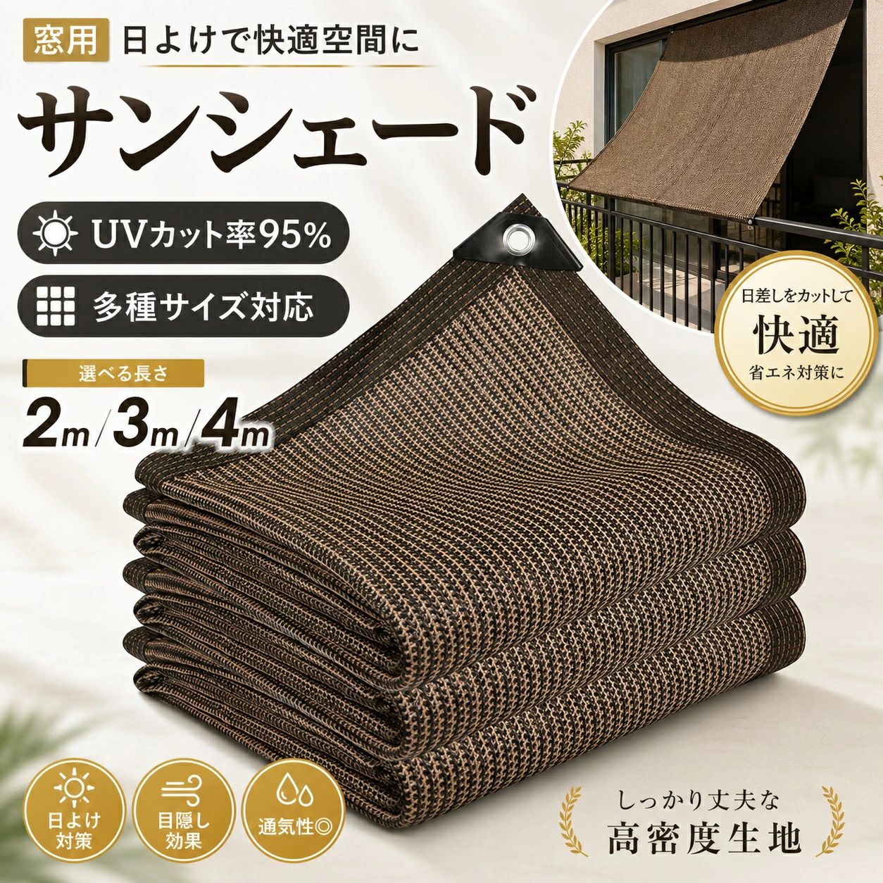日よけ シェード 窓用 全6サイズ 高通気性 ベランダ サンシェード 2m~4m 目隠し シ...