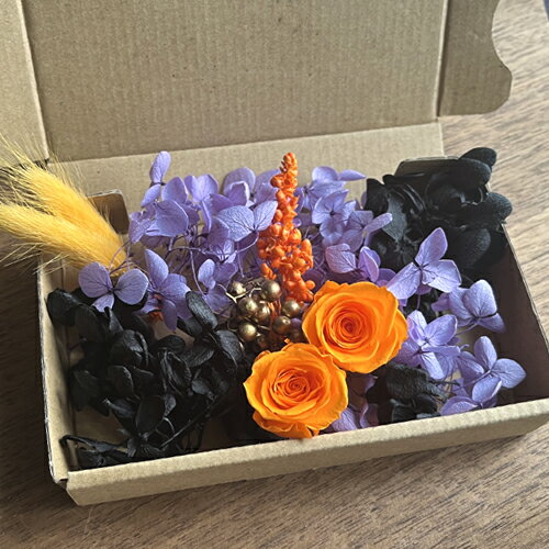 メール便(日本郵便)送料無料 プリザーブドフラワー ハロウィン オレンジ バラ 2輪＆黒 ラベンダー アジ..