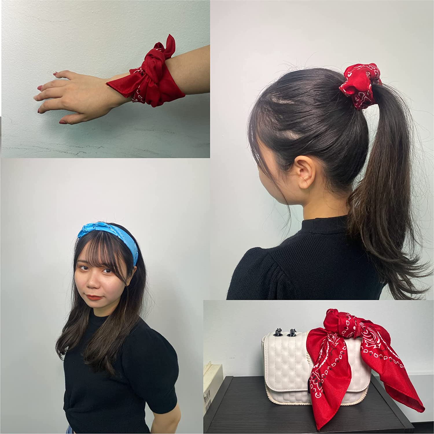 大判バンダナ 68×68cm 綿100％ 頭に巻ける 大きい 使いやすい 黒 白 ライトブルー...