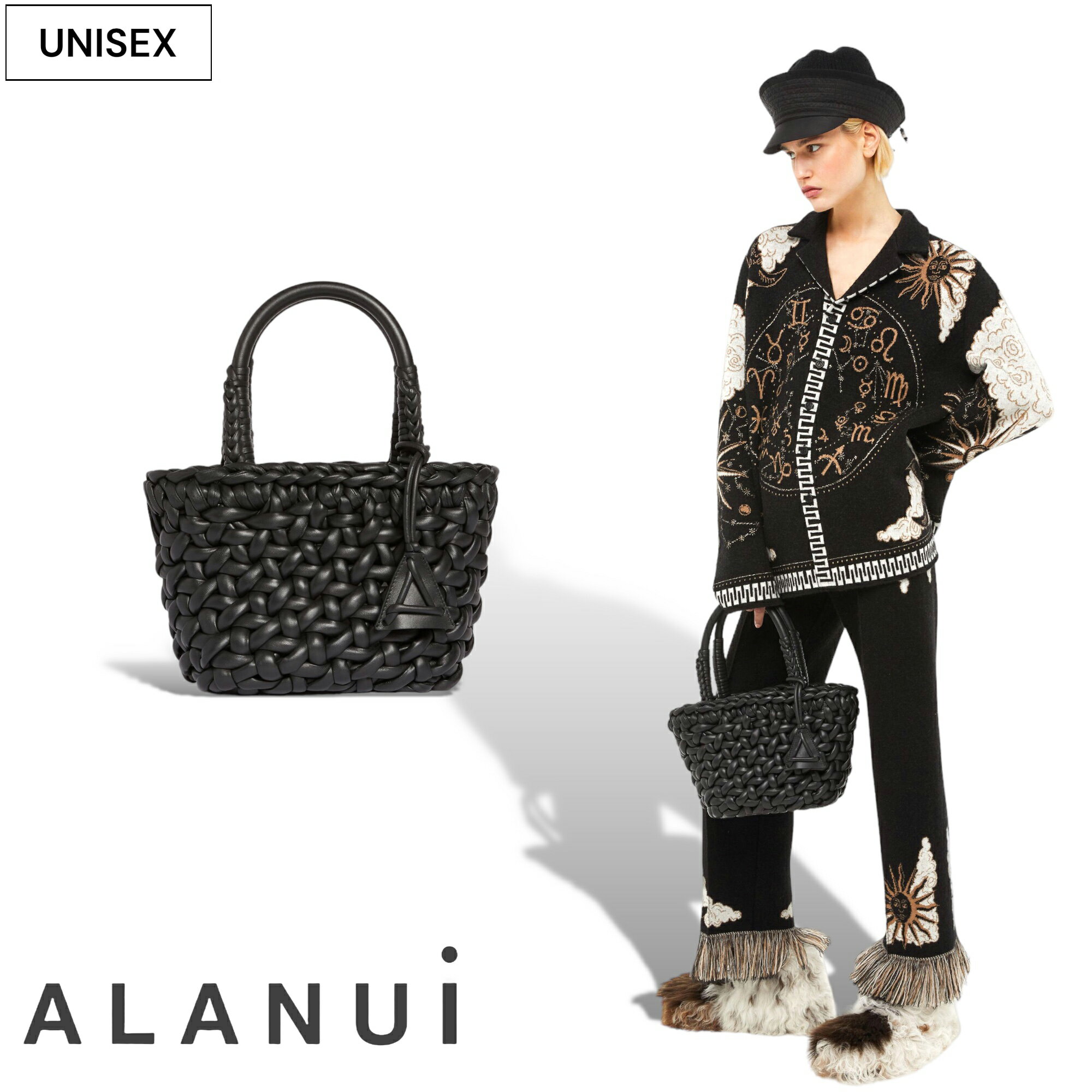 【定価533,500円(税込)】ALANUI -アラヌイ- 注目度バツグンの逸品！厳選された素材を使用した オールレザーイントレチャート トートバッグ スモールサイズ Icon Leather Small Tote LMHF23227 ブラック ミニ ハンドメイド 羊革 ラムスキン イタリア製 wl13