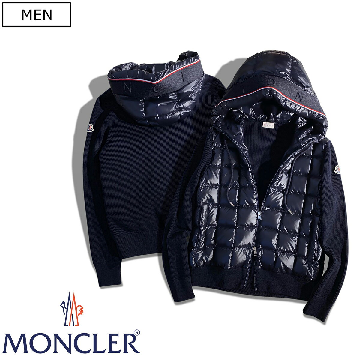 MONCLER モンクレール 大人のラグジュアリーカジュアル　遊び心溢れるブランドアイコンワッペン付きダウンコンビネーションニットパーカー スウェット フーディブルゾン 国内正規品/モンクレールジャパン CARDIGAN TRICOT I20919B00010M1131 メンズ