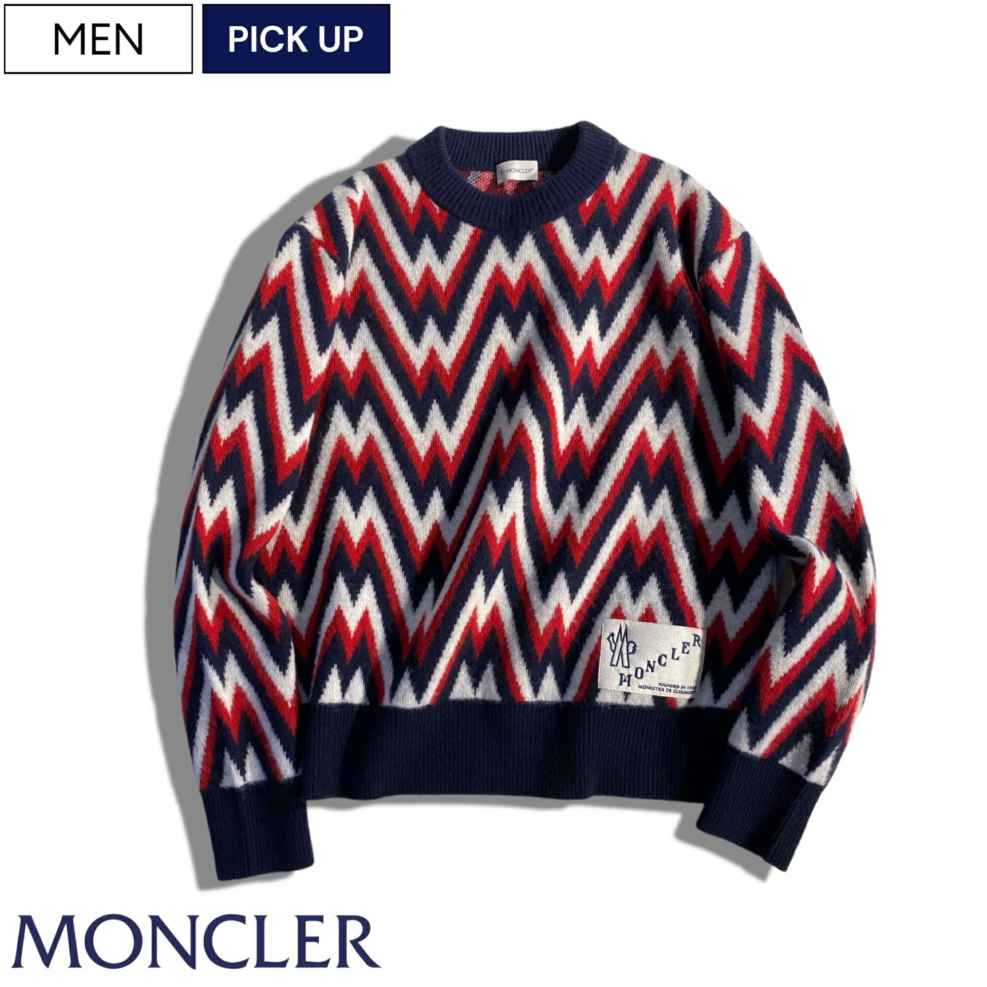 【定価132,000円(税込)】MONCLER モンクレール ラグジュアリーカジュアル！鮮やかなカラーリングが光るアイコンビッグタグ付きトリコロールカラークルーネックウールニット セーター 国内正規品/モンクレールジャパン GIROCOLLO TRICOT I20919C00020M1115 メンズ