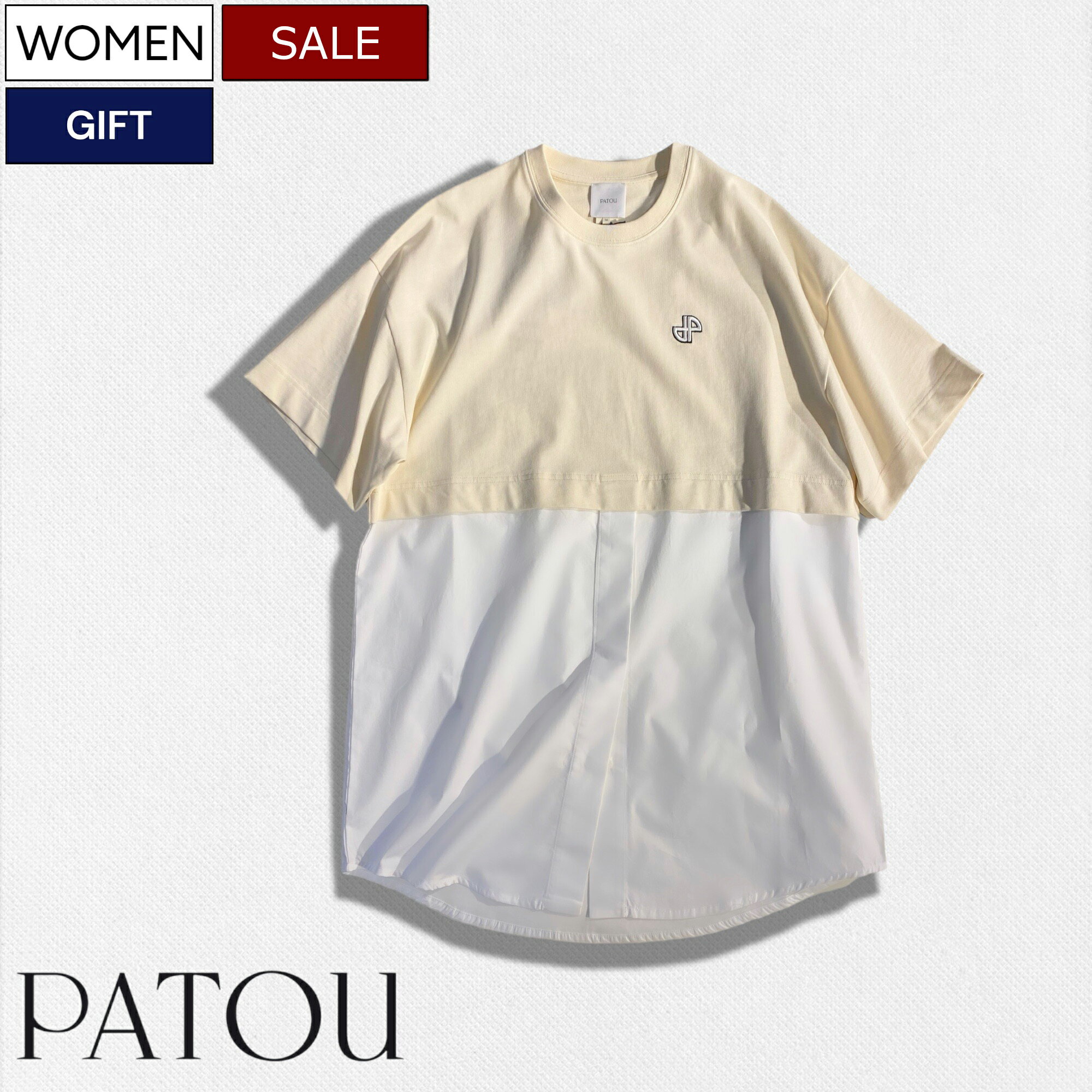 【定価75,900円(税込)】PATOU - パトゥ - 流行りのショート丈をレイヤードしているかのような ホワイトシャツ ドッキングトップス MIX FABRIC TDRESS クリーム ホワイト 半袖 JE108987B レディース シャツワンピ ロゴ パトウ