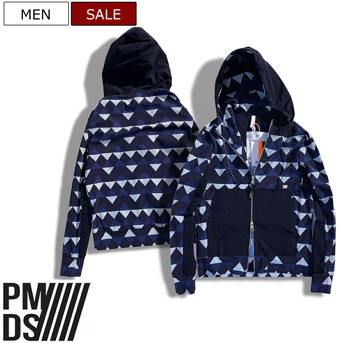 【定価42,900円(税込)】PREMIUM MOOD DENIM SUPERIOR -PMDS- ピーエムディーエス カルビコ社のハイパーストレッチ地を用いたジオメトリック柄ダブルジップアップナイロンパーカー ブルゾン ドッキングジャージー セットアップ 31059017 伊製 P.M.D.S. メンズ pm01