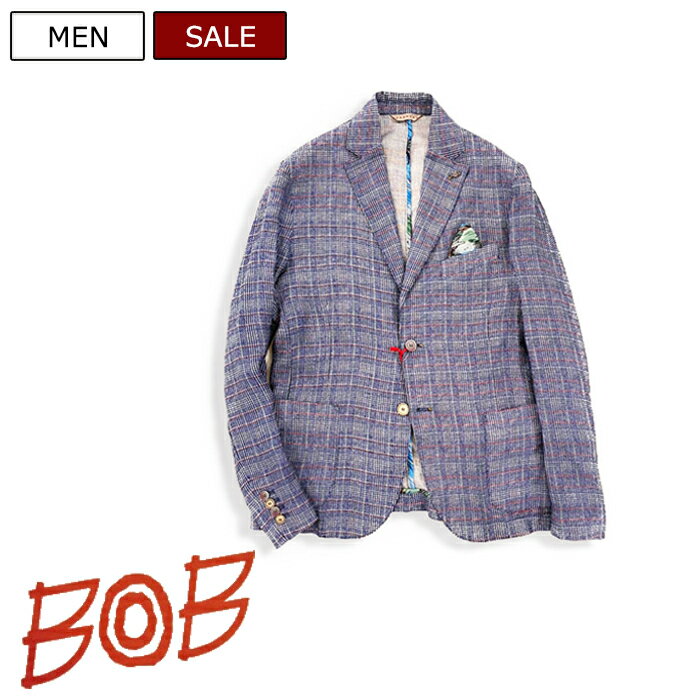 【定価42,900円(税込)】BOB ボブ イタリアの熟練職人によるハンドメイドの1着！ベーシックな中に大人の上質な遊びと色気が際立つ、軽やかなリネン地チェック柄テーラードジャケット　ストレッチ　ニット　072713116　ブルー　ネイビー　イタリア製　刺繍　メンズ KOON 1125