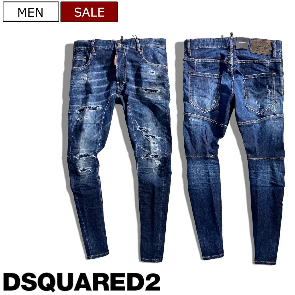 【定価97,900円(税込)】DSQUARED2 ディースクエアード 　美しい立体的なシルエットとダメージ＆リペア加工が大人のコナレ感漂わせるスーパーストレッチテーパードデニムパンツ《 TIDY BIKER JEAN タイディバイカー/テディバイカー》インディゴブルー S71LB1262 メンズ