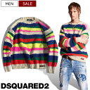 【定価83,600円(税込)】DSQUARED2 ディースクエアード 鮮やかなカラーリングがヌケ感を演出！コンビネーションデザインクルーネックアルパカ混ニット セーター ボーダー レザーロゴパッチ付き 長袖 S74HA1375 マルチカラー メンズ 伊製 イタリア製 RELAXED FIT