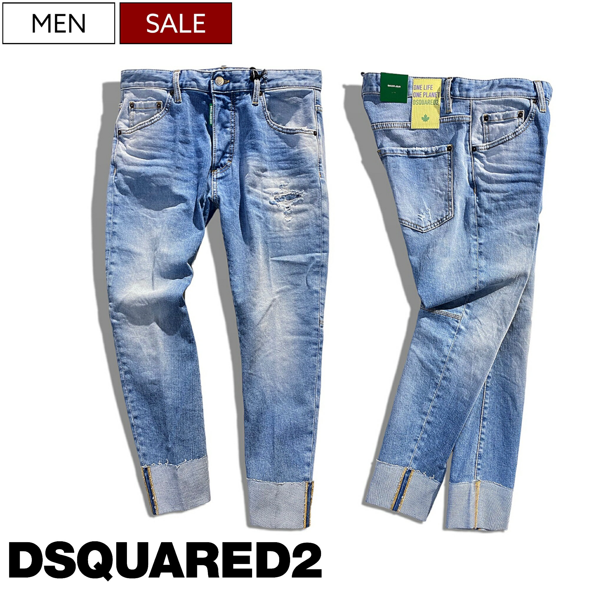 DSQUARED2 ディースクエアード リラックス感溢れるフォルムとロールアップが特徴！都会的な色香を纏うダメージ＆リペア加工クロップドデニムパンツ ジーンズ 《SAILOR JEAN -セイラー-》S78LB0095 44 4 48 50 ライトウォッシュ メンズ イタリア製