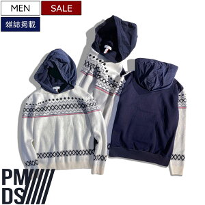 【定価36,300円(税込)】PREMIUM MOOD DENIM SUPERIOR PMDS ピーエムディーエス 都会派なフーディ!異素材ドッキングスウェット×ウールニット ノルディック柄ニットパーカー フーディ コンビネーション ホワイト 32059075 32059073 イタリア製 メンズ P.M.D.S. 059085