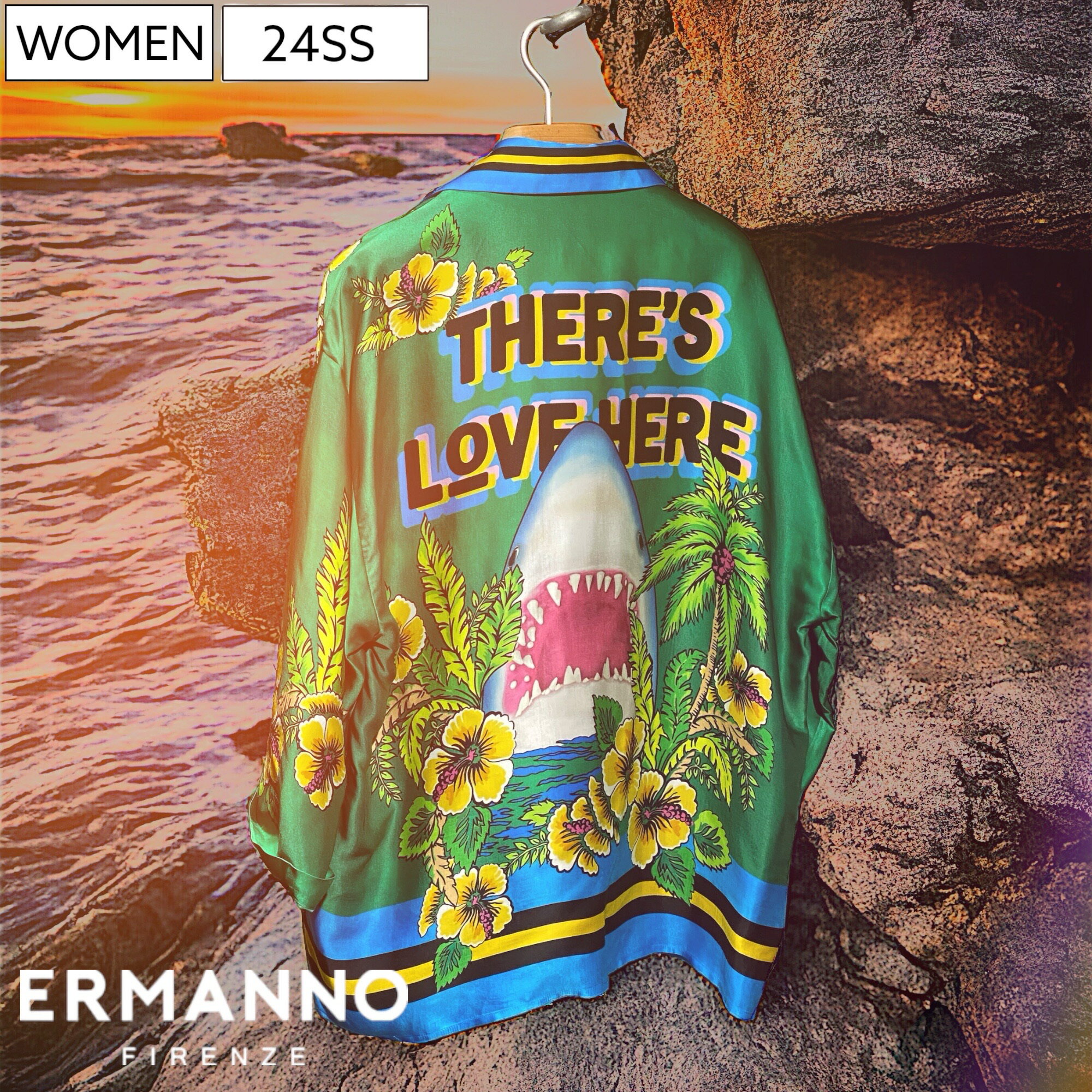 ERMANNO FIRENZE エルマンノ フィレンツェ インパクト抜群のシャークとフラワーが気分を盛り上げる パジャマライクシャツ 開襟 鮫 サメ フローラル 花 エルマンノシェルヴィーノ Ermanno Scervino ST0826137 グリーン イタリア製 レディース