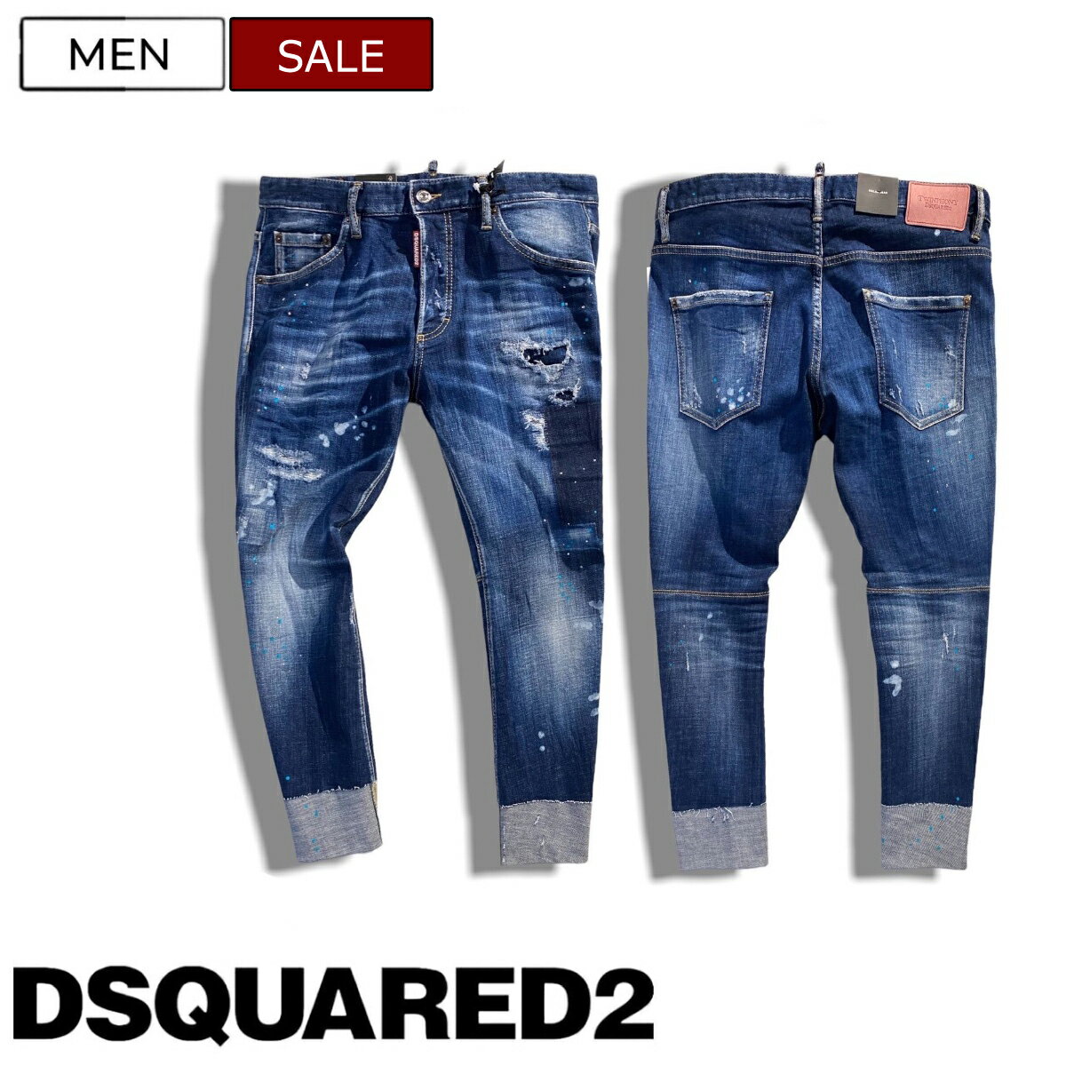 【定価126,500円(税込)】DSQUARED2 ディースクエアード リラックス感溢れるフォルムとロールアップが特徴！ダメージ＆リペア加工テーパードデニム クロップドジーンズ ストレッチ 《SAILOR JEAN -セイラー-》ダーク ティファニー スポーツ ウォッシュ S71LB1103 イタリア製