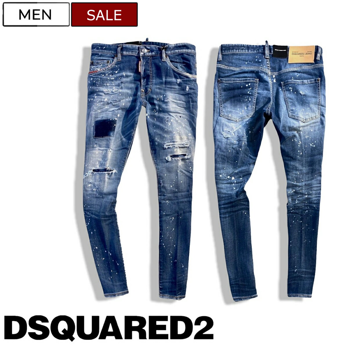 楽天Studio Route134【定価118,800円（税込）】DSQUARED2 ディースクエアード 　都会的なテーパードシルエット！パッチワークリペア加工が目を惹くスーパーストレッチテーパードデニムパンツ《SUPER TWINKY JEAN -スーパートゥインキージーン-》インディゴブルー　S74LB1160 イタリア製 メンズ