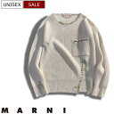 【定価137,500円(税込)】MARNI -マルニ- 　大人の余裕とヌケ感漂わせる1着！ロックなデストロイニットに遊び心溢れるステッチデザインでキュートに仕上げたブランドロゴ刺繍入りクルーネックウールニット セーター 長袖 ウール オフホワイト GCMG0283 イタリア製 メンズ