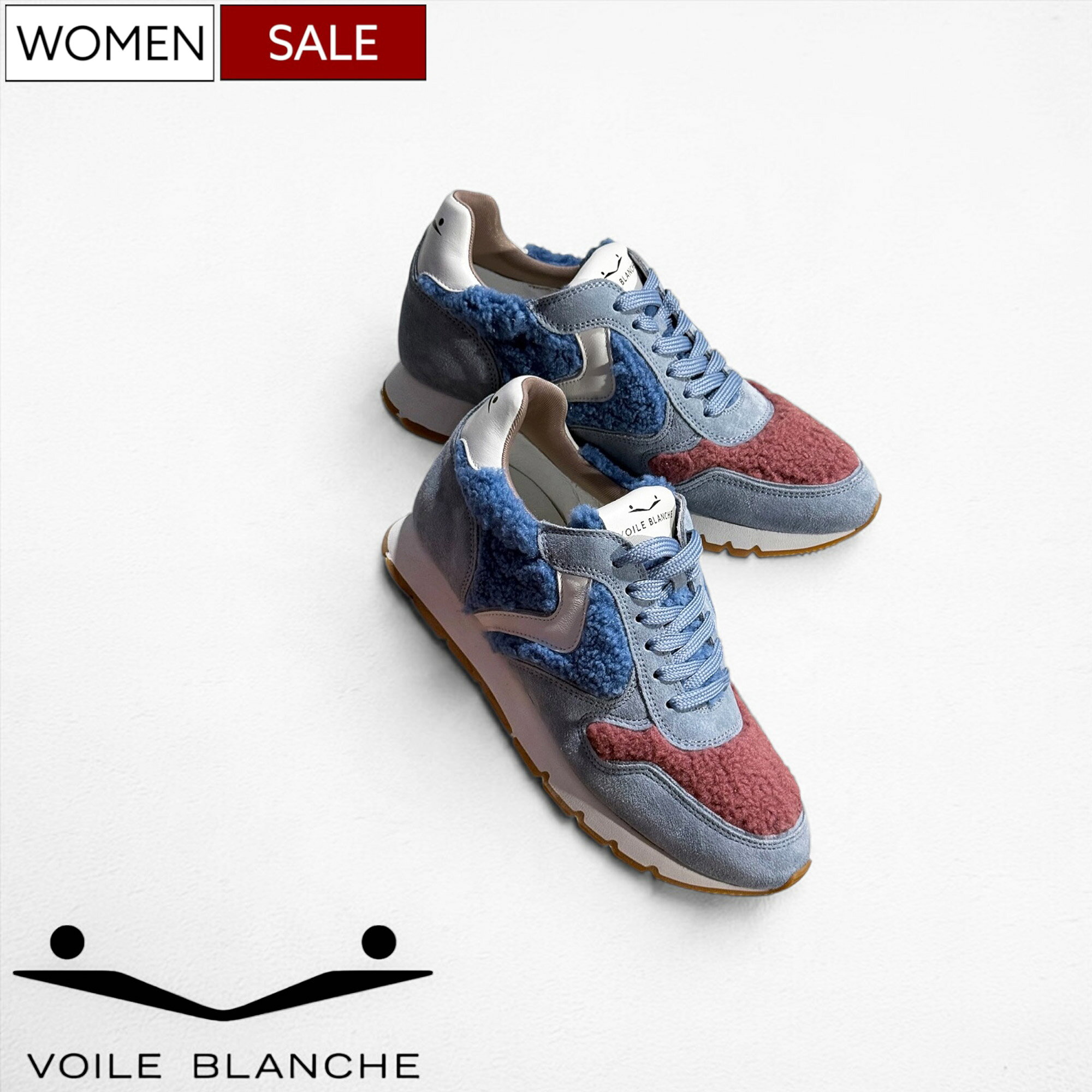 《40％OFF》【定価61,600円】VOILE BLANCHE ボイルブランシェ ラズベリーの差し色とホワイトのウィングロゴが可愛いボア×スウェードコンビのレトロスニーカー レースアップシューズ ランニングシューズ JULIA SUEDE FUR CALF 靴 ライトブルー レディース