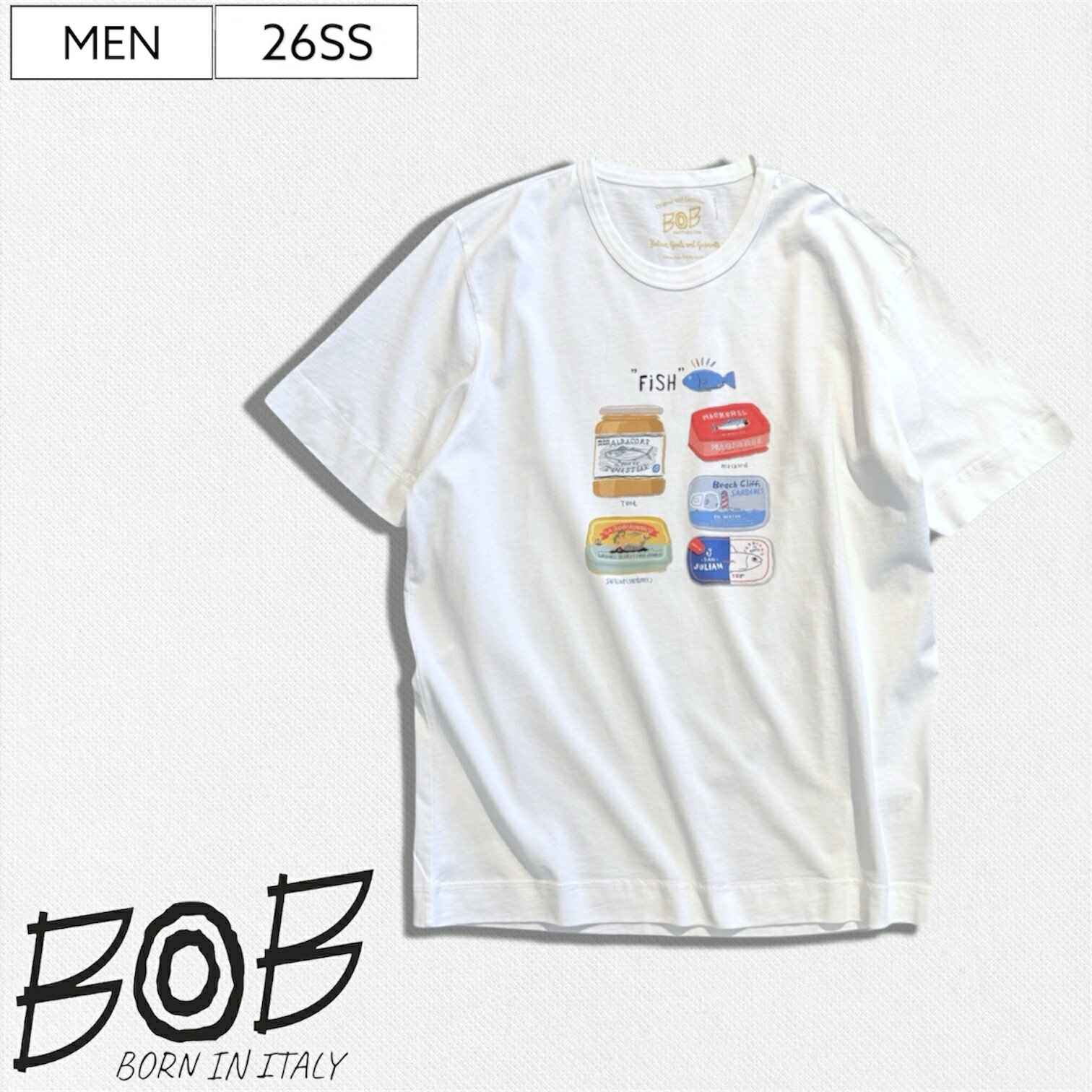 Rakuten - 【定価17,600円(税込)】BOB -ボブ- 極上のコットン地にハンドメイドで描かれたFISHプリントが遊び心擽る一着！大人の休日を格上げする フィッシュカラー クルーネックTシャツ FISH COLOR T-shirt 半袖 ハーフスリーブ ホワイト KOON クーン 074763017 メンズ