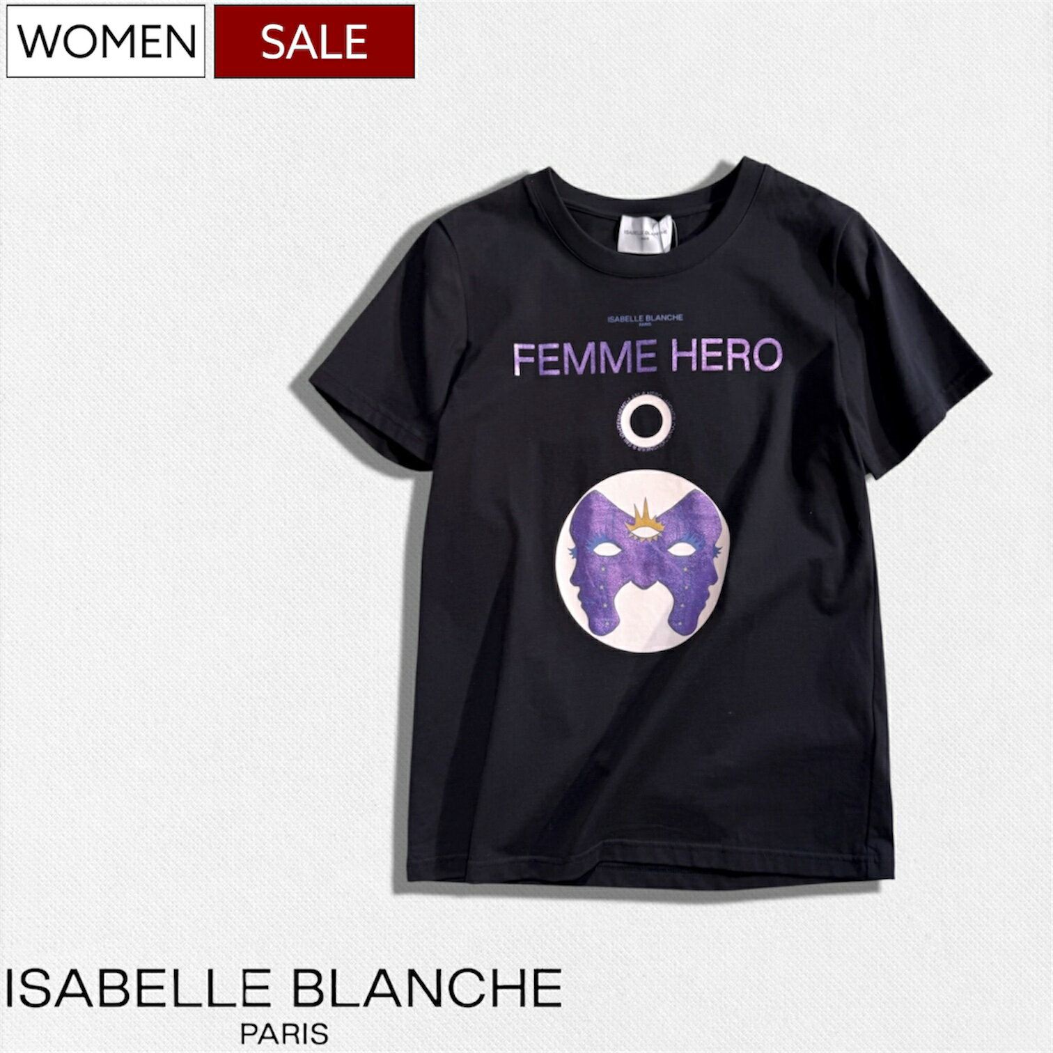 乐天商城 - 【定価20,900円(税込)】ISABELLE BLANCHE PARIS- イザベルブランシュ- 洗練されたアートのようなデザインが大人の休日を華やかにする！FEMME HERO グラフィック クルーネックTシャツ ティーシャツ 半袖 仮面 マスク 13-T074 ブラック イタリア製 レディース