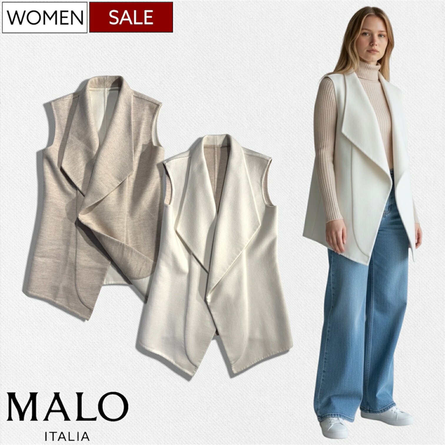 Rakuten - 【定価913,000円(税込)】MALO ‐ マーロ - こだわり抜かれた素材使いで大人の休日を格上げする カシミア ロングジレ ロングベスト CASHMERE 100% LONG GILET カシミヤ オフホワイト ベージュ RMA-8420051 イタリア製 レディース