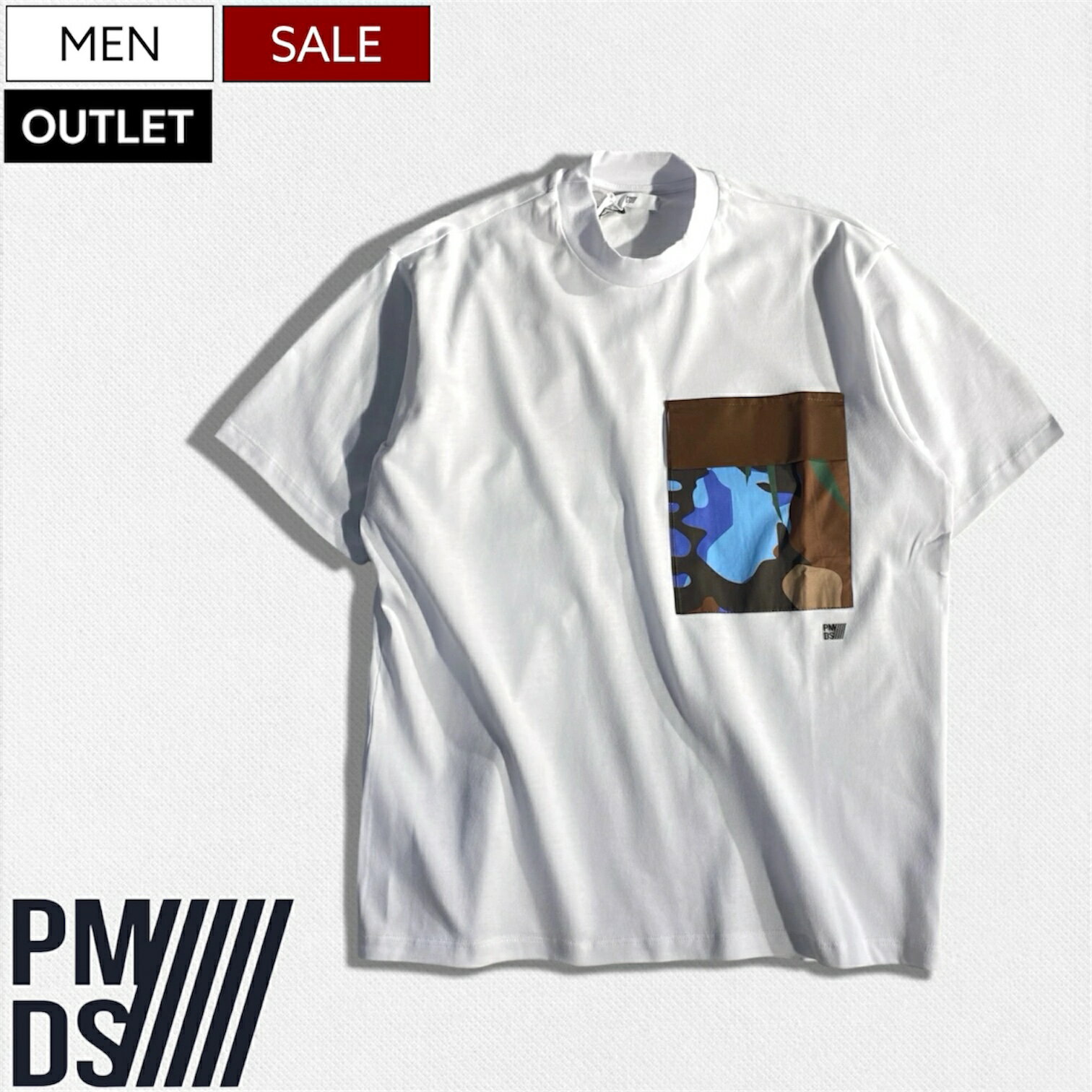 乐天商城 - 【OUTLET】【定価19,800円(税込)】PREMIUM MOOD DENIM SUPERIOR -PMDS- ピーエムディーエス カモフラ柄ポケットで大人のラグジュアリーカジュアルを演出するブランドロゴ付き セミモックネック Tシャツ ティーシャツ 310591384169 イタリア製 P.M.D.S. メンズ ワケ有