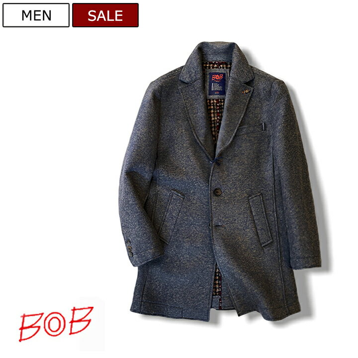 【定価58,300円(税込)】BOB ボブ 　強度が高く柔軟性に富んだネオプレーン素材を使用！程よいカッチリ感と暖かみのある佇まいが大人顔のウール混ボンディングコート チェスター ロゴピンバッチ　ブルー　074711600　イタリア製　44 46 48 50 52 54 56　メンズ　KOON