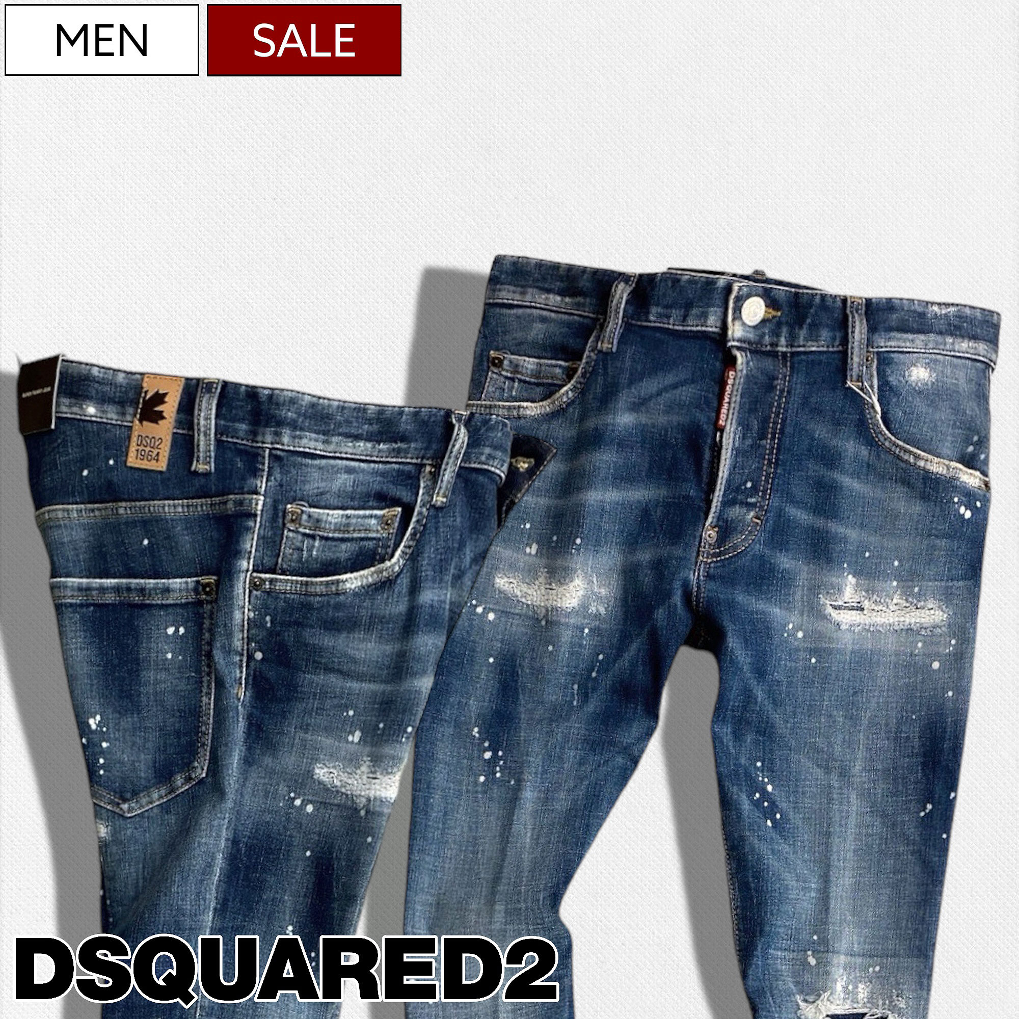 【定価110,000円(税込)】DSQUARED2 ディースクエアード スプラッシュペインとダメージ＆リペア加工が目を惹く スーパーストレッチ テーパード デニムパンツ ブリーチ加工 ジーンズ 《SUPER TWINKY JEAN -スーパートゥインキージーン-》インディゴブルー S74LB1327 メンズ