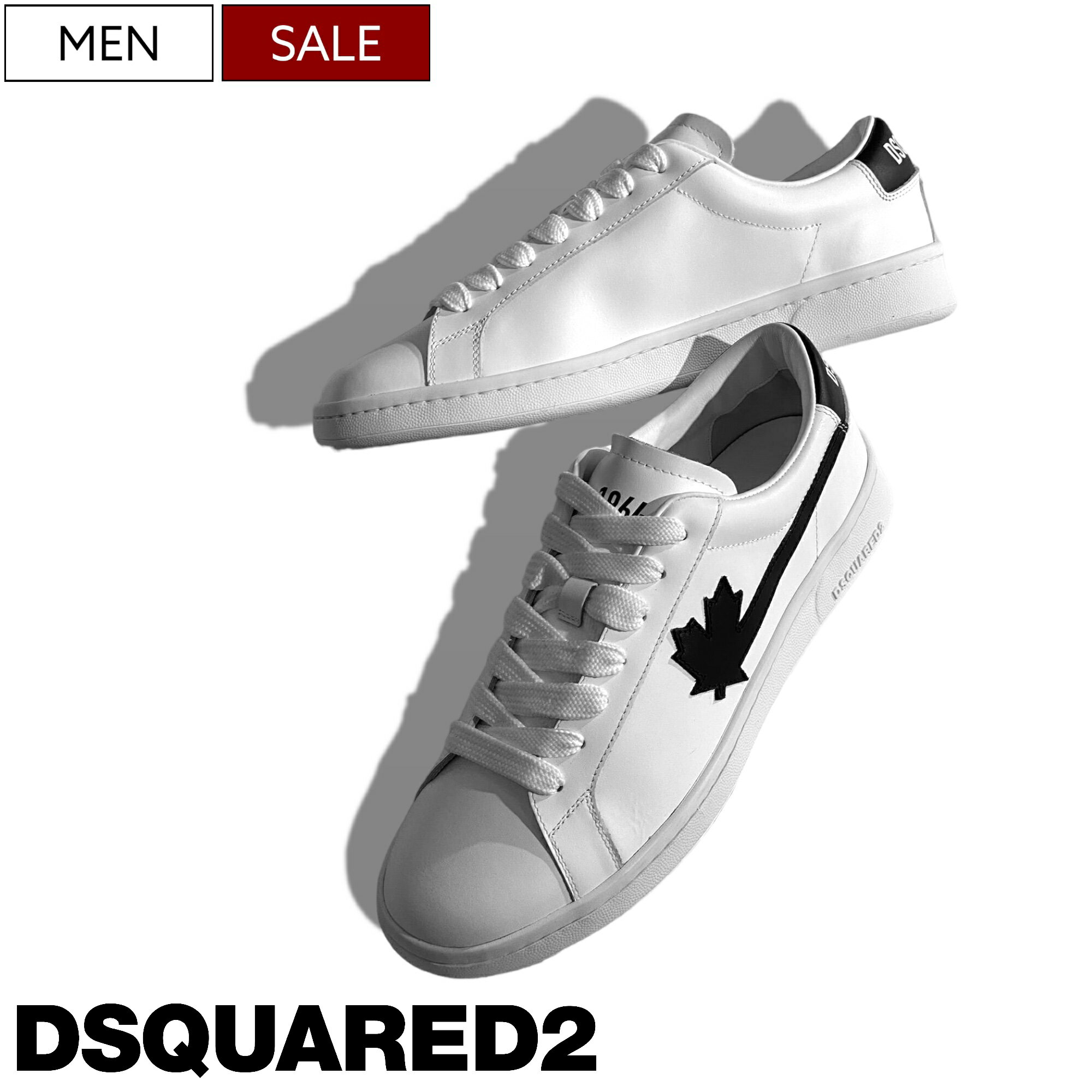 【定価93,500円(税込)】DSQUARED2 ディースクエアード 大人の上品な爽やかさ醸すカナダリーフデザイン ホワイトレザースニーカー ローカットシューズ レースアップ 靴 ブランドロゴ 牛革 ホワイト BOXER S82SN0260 イタリア製 メンズ