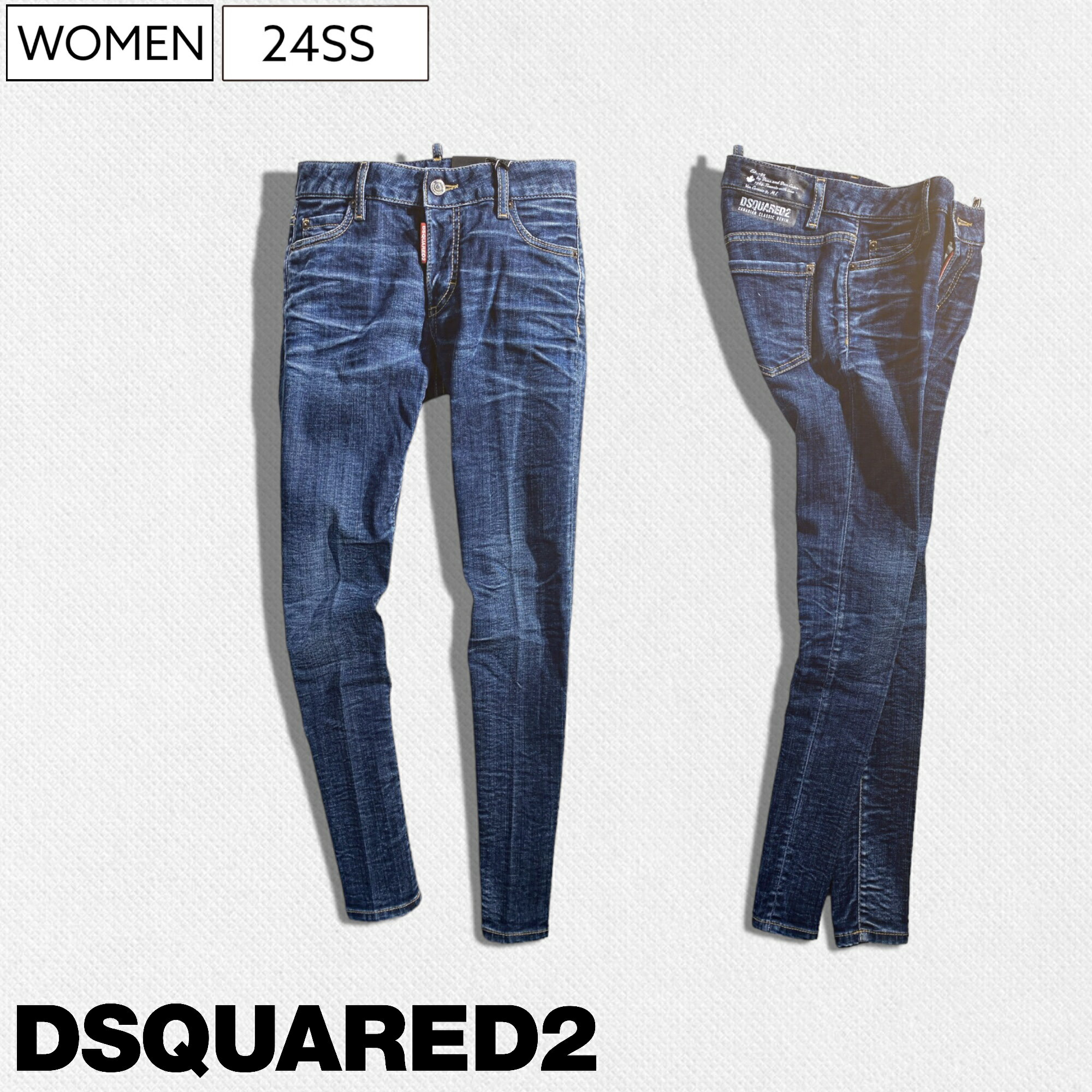 【定価79,200円(税込)】DSQUARED2 ディースクエアード 職人技が随所に光る美しく華やかなウォッシュ＆ダメージ加工テーパードデニムパンツ ジーンズ 《MEDIUM WAIST JENNIFER JEAN ミディアムウエストジェニファー》インディゴブルー S75LB0887 レディース イタリア製